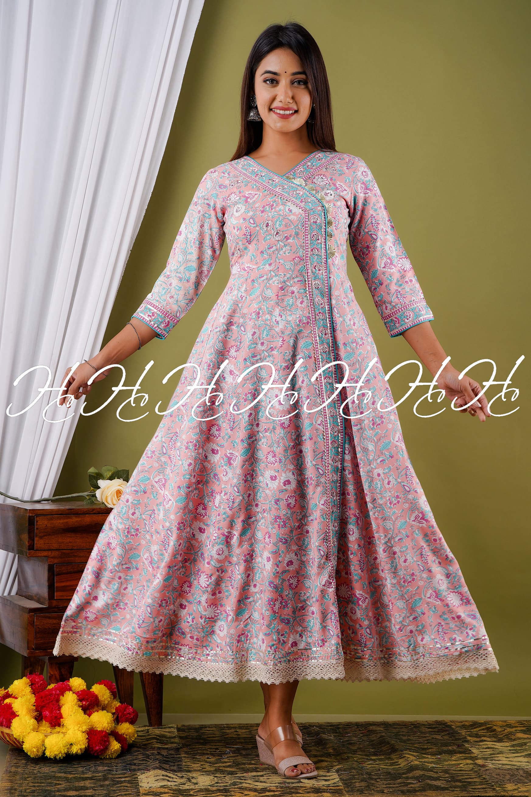 Baby Pink V-Neck Floral Printed Long Kurti