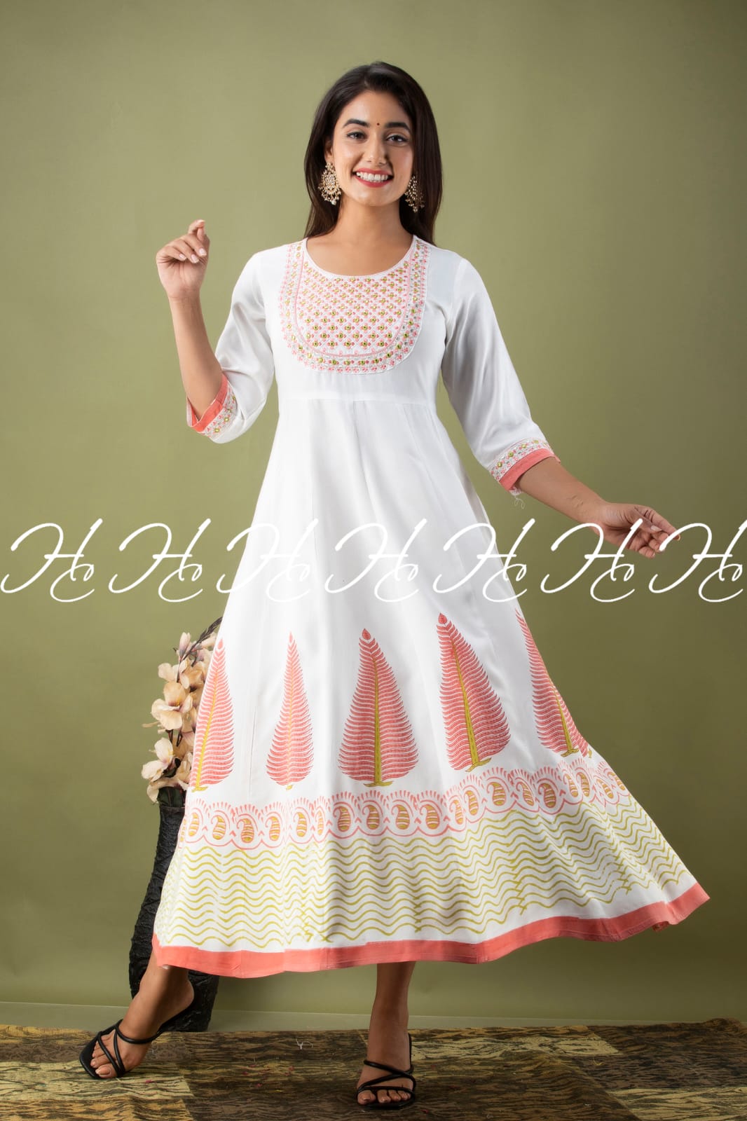 White Round Neck Kurti with Narrow Baby Pink Border