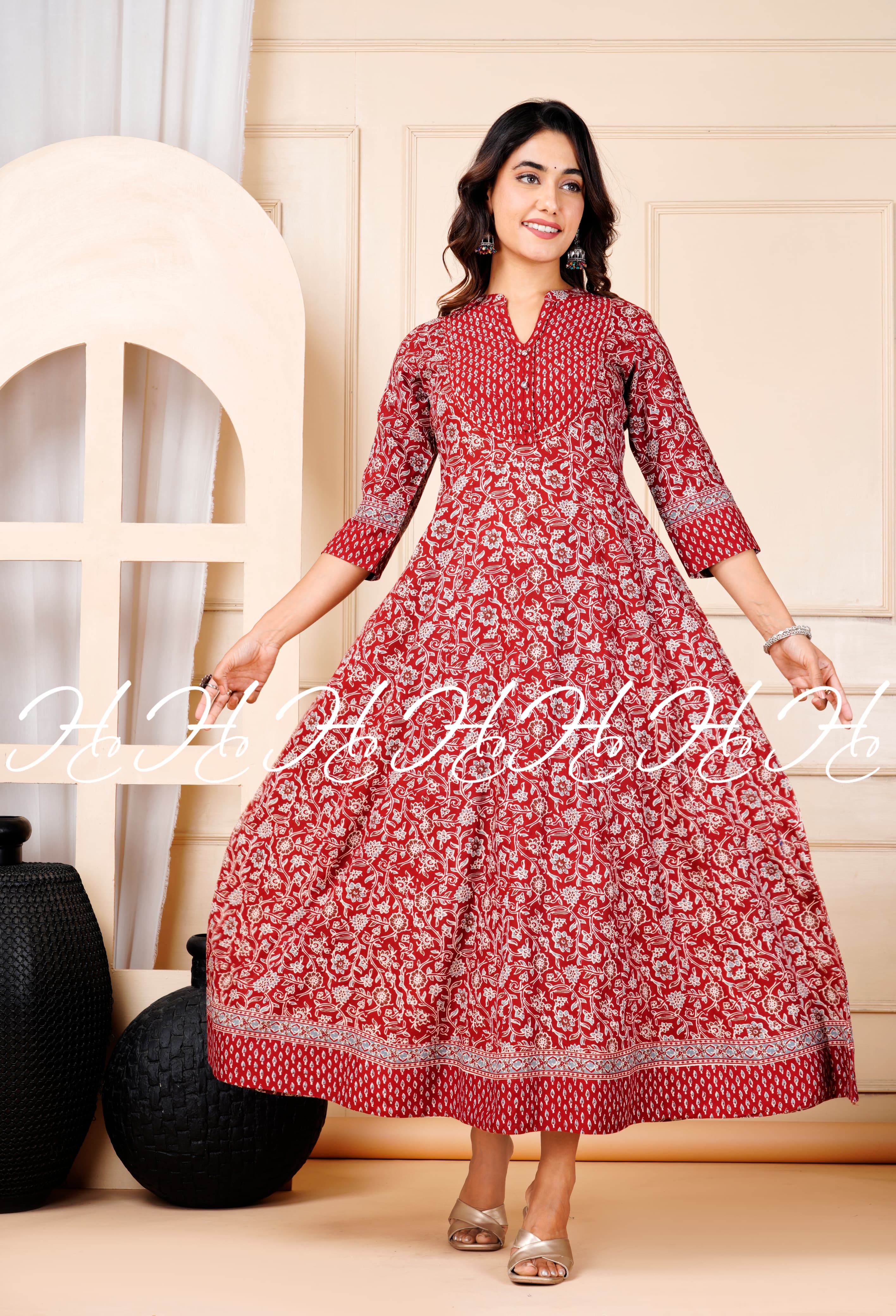 Red Floral Printed Mandarin Collar Kurti with Lace Border at Bottom