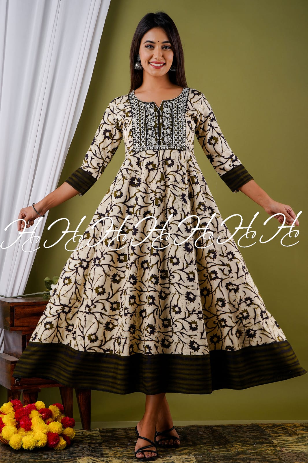 Dark green Sweetheart Neck Anarkali Kurti with Wide Border at Bottom