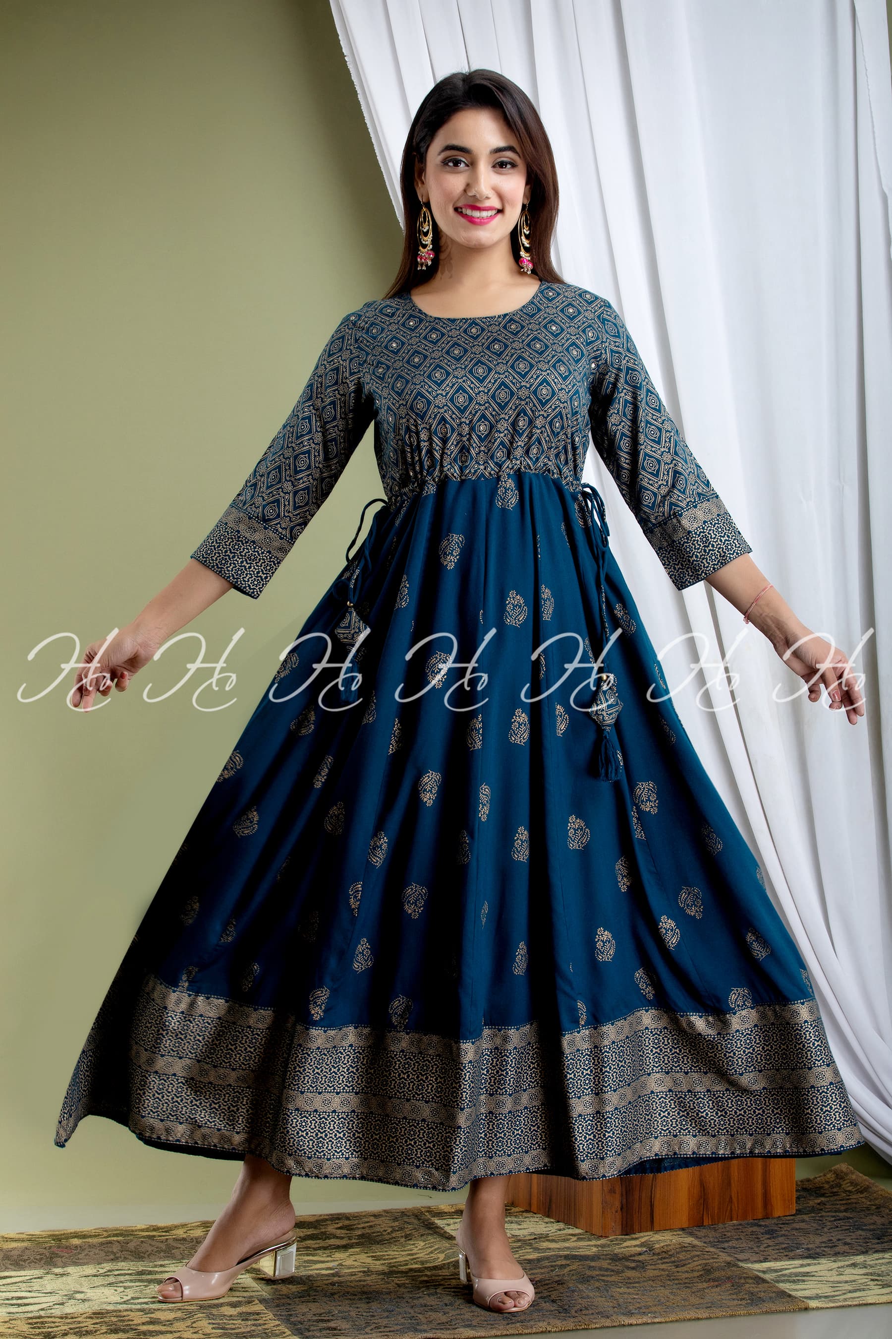 Blue Banarsi Printed Anarkali with Side Knot Design, Wide Border, and Round Neck