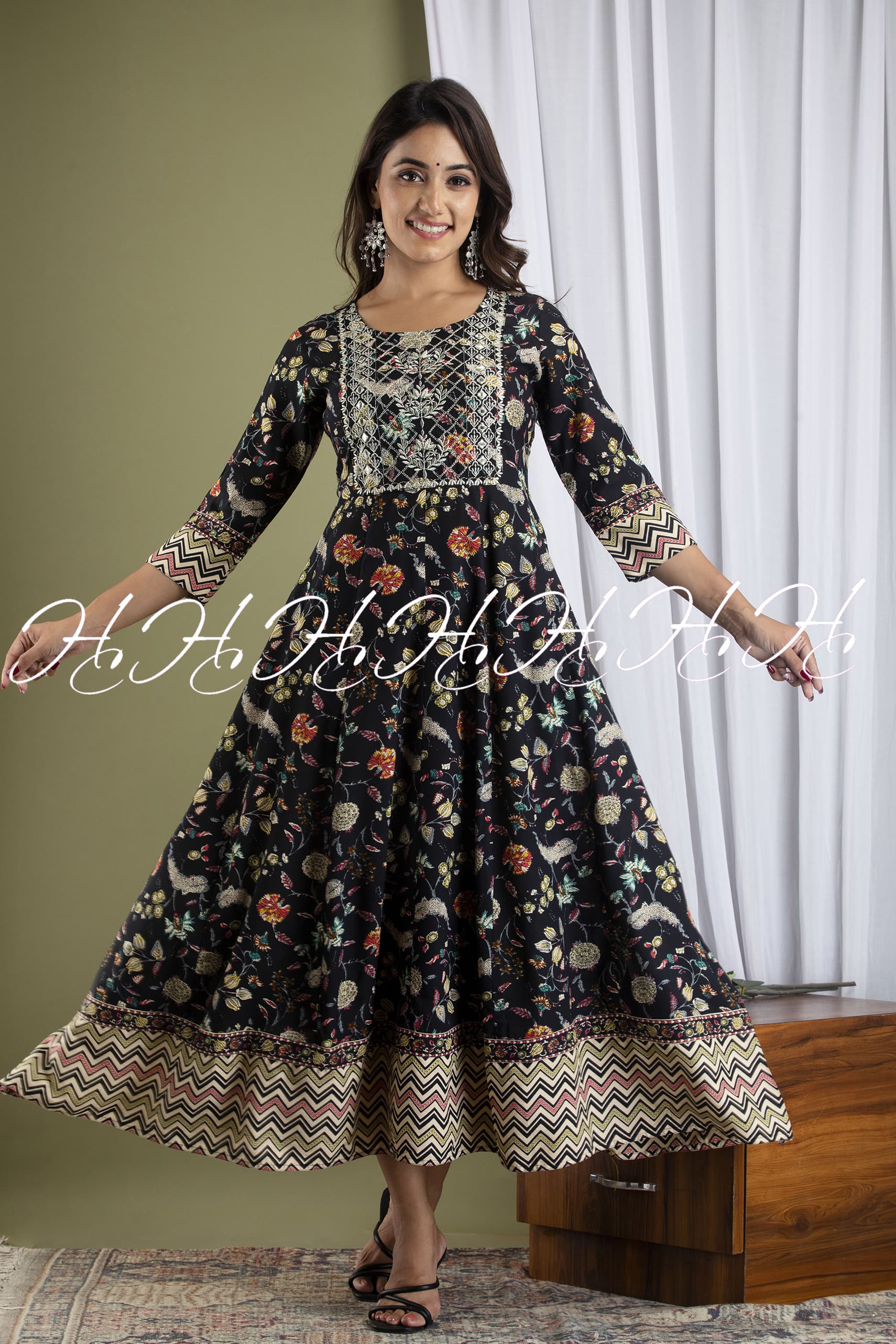 Denim Floral Printed Anarkali with Wide Border