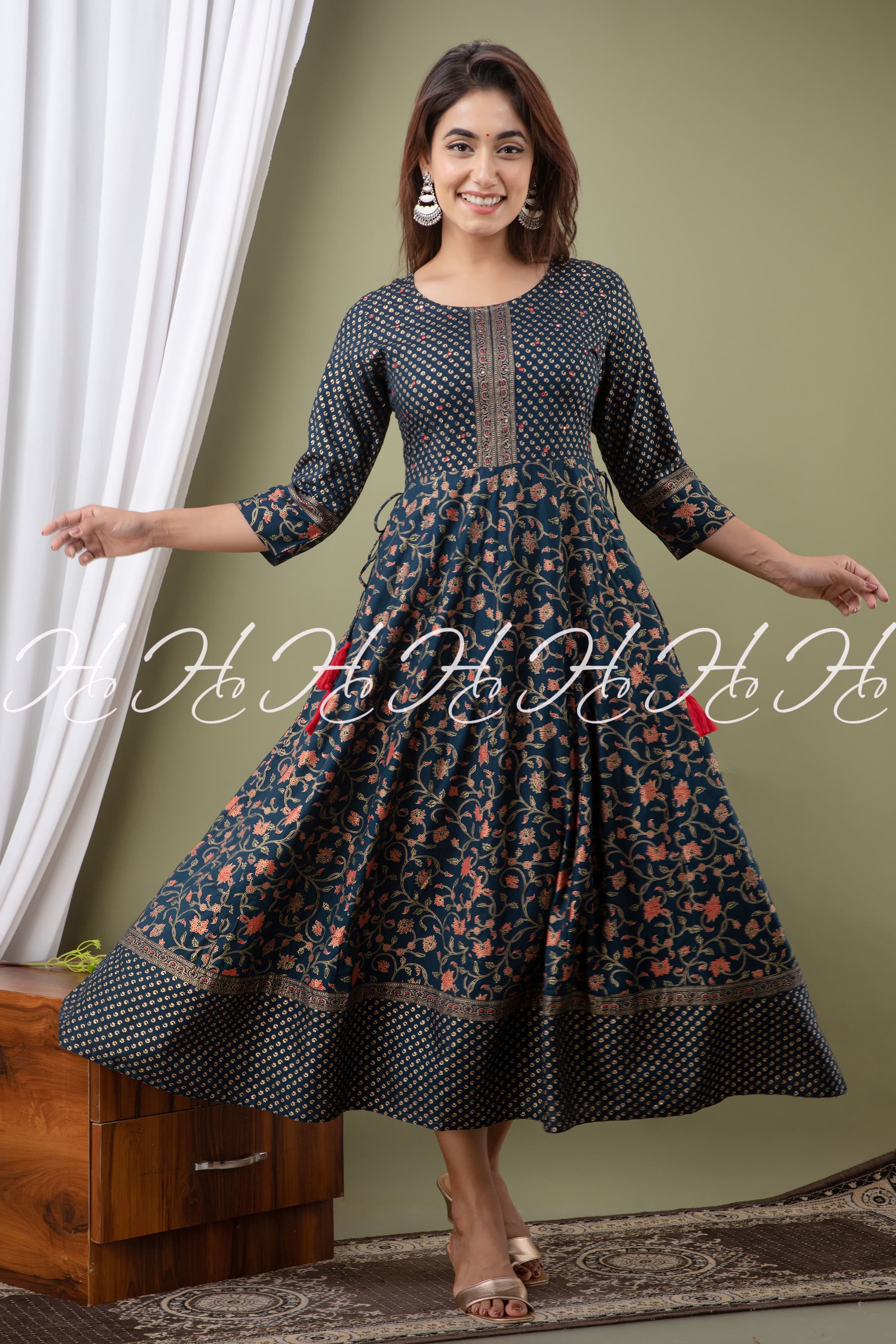 Blue Floral Printed Anarkali Kurti with Wide Border.