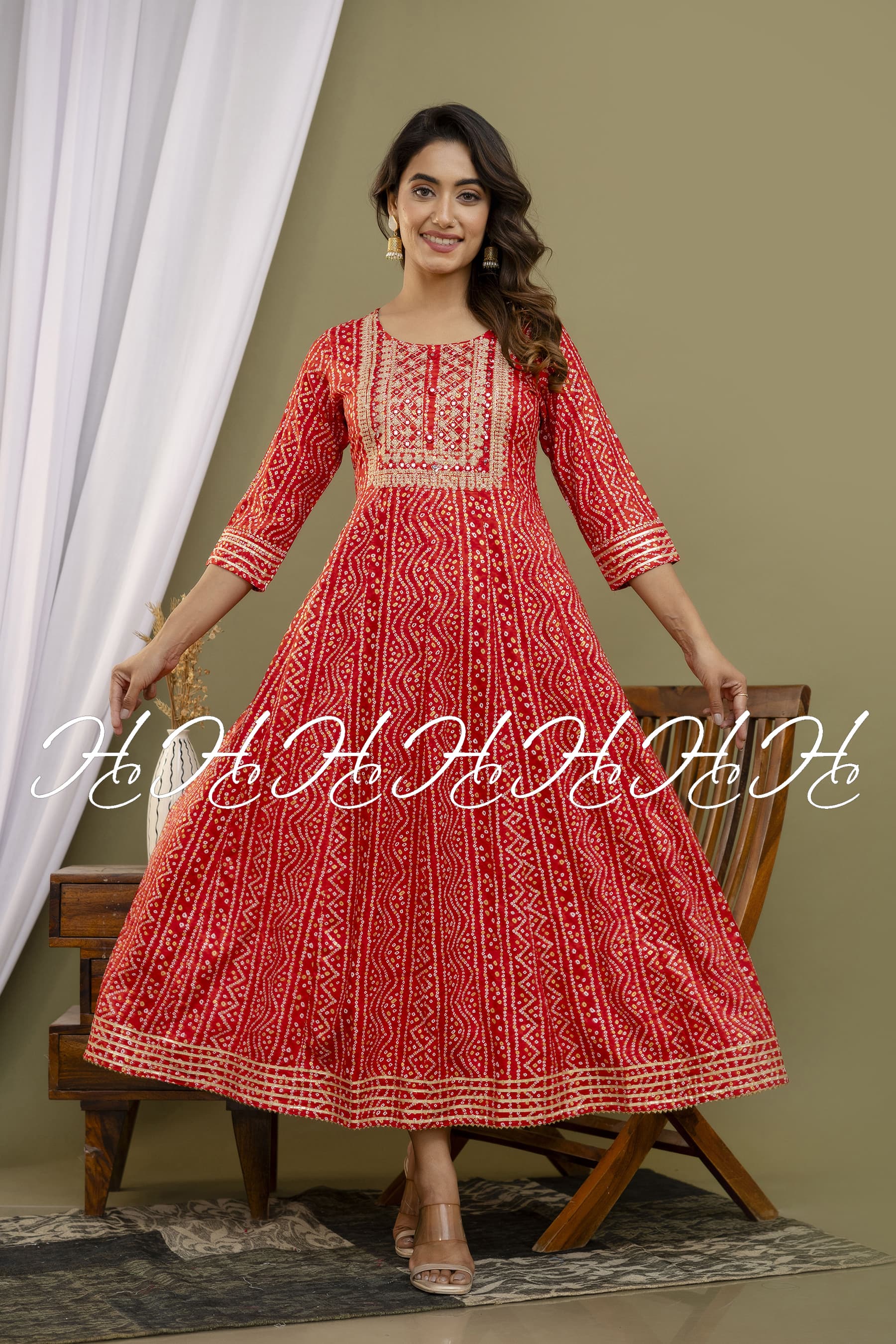 Imperial Red Chunri Printed Anarkali Kurti