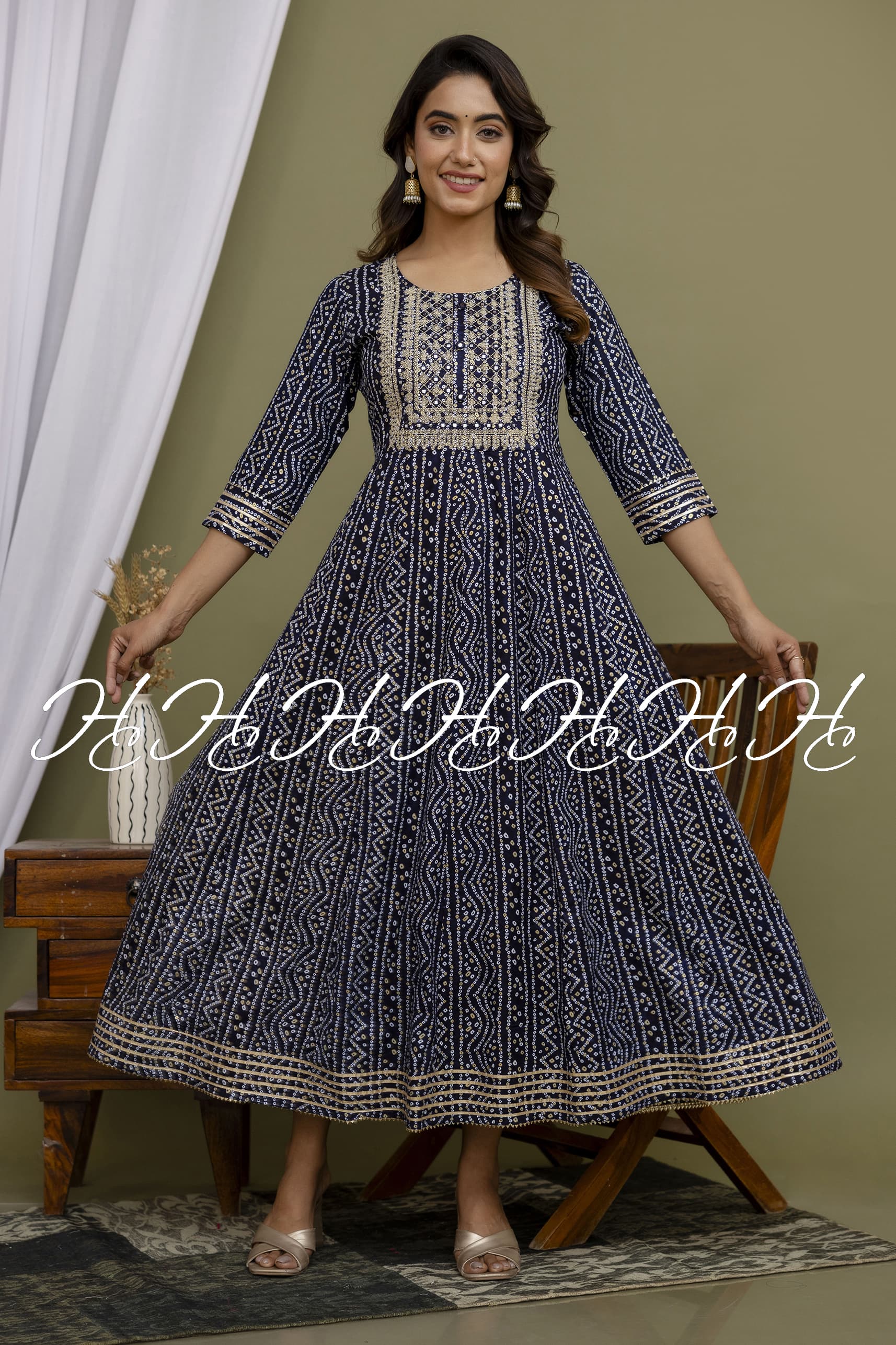 Denim Blue Chunri Printed Anarkali Kurti