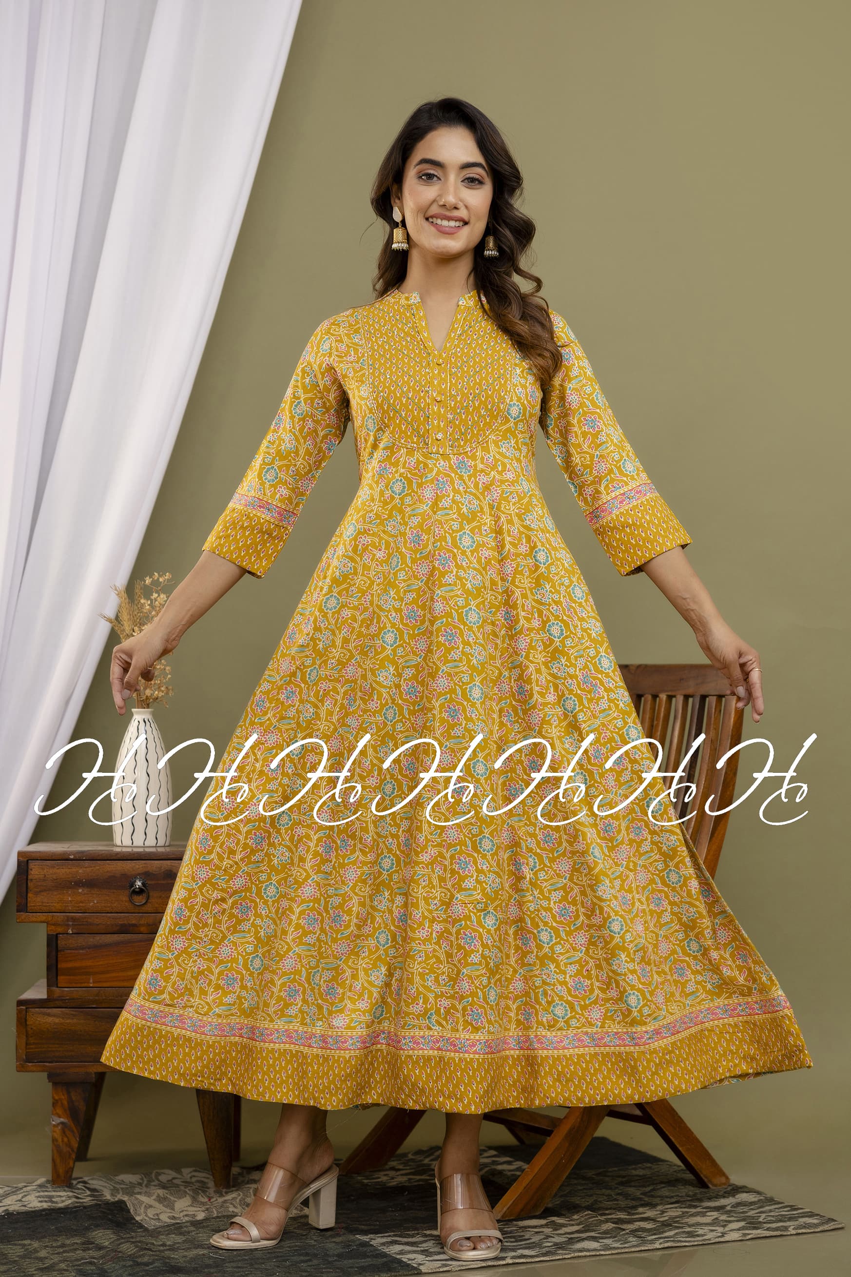 Fire Yellow Mandarin Collar Kurti with Lace Border at Bottom