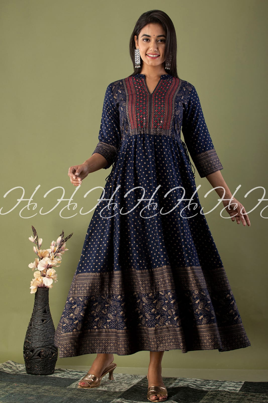 Blue Mandarin Collar Printed Long Kurti