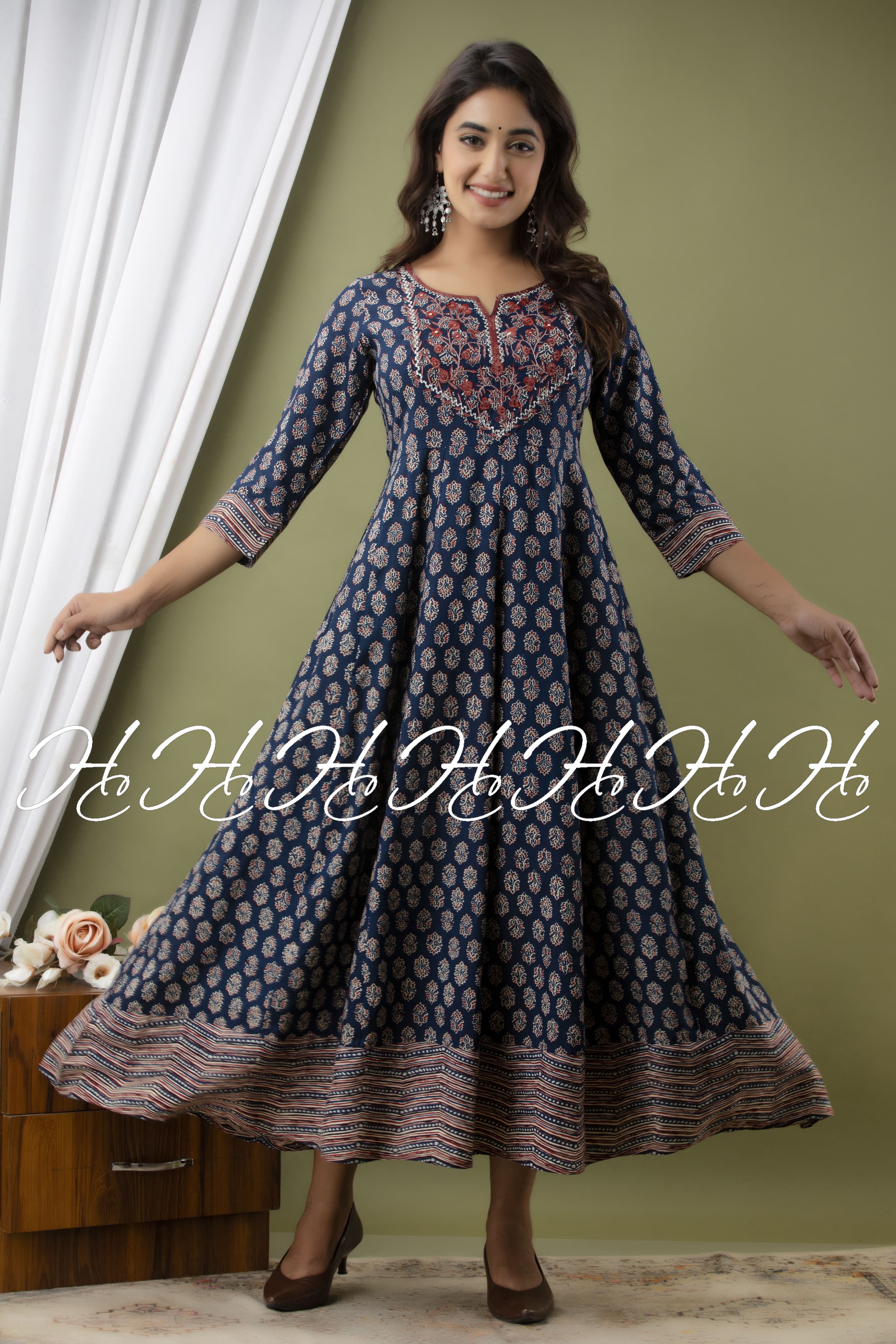 Navy Blue Sweetheart Neck, Printed Anarkali Kurti