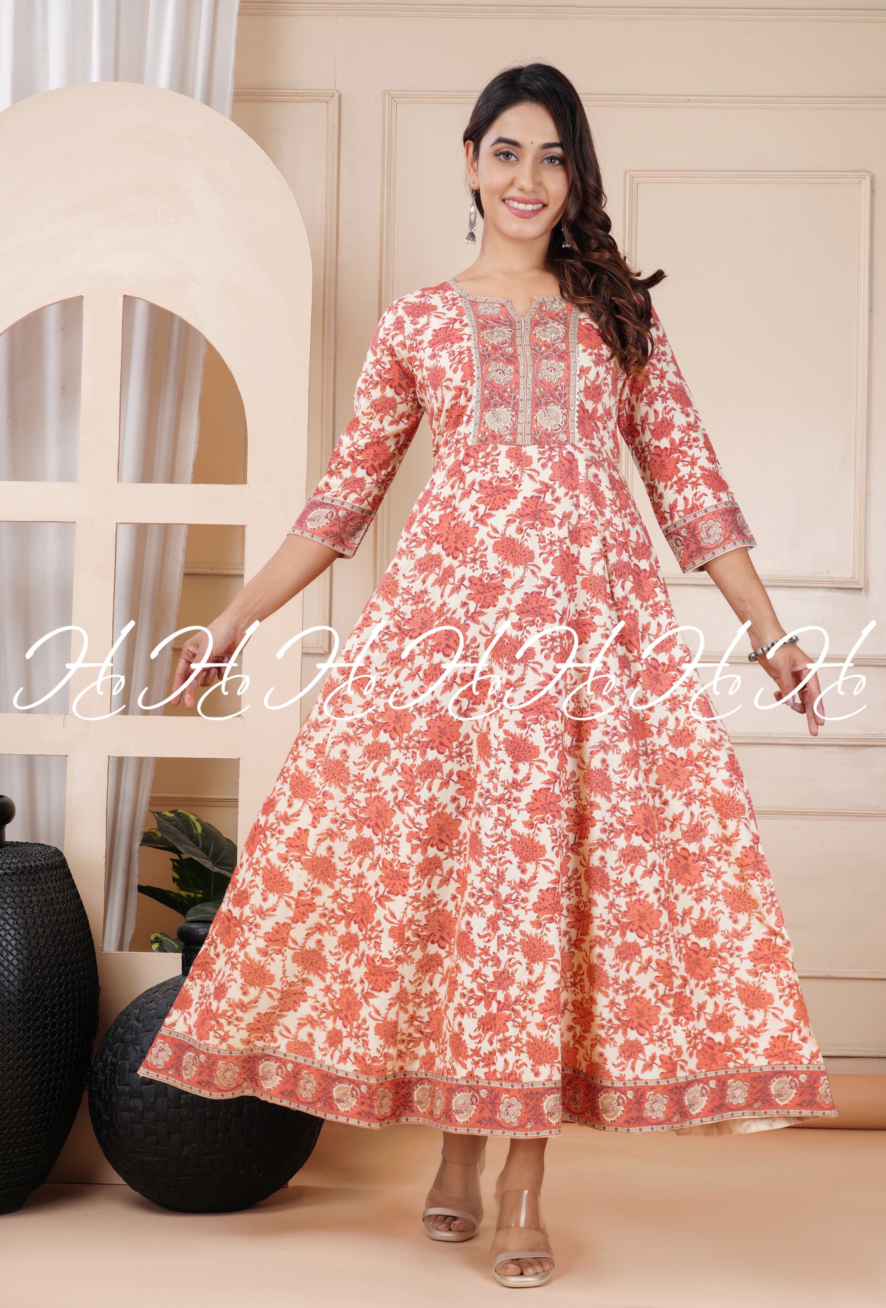 Salmon Floral Printed Anarkali Kurtis