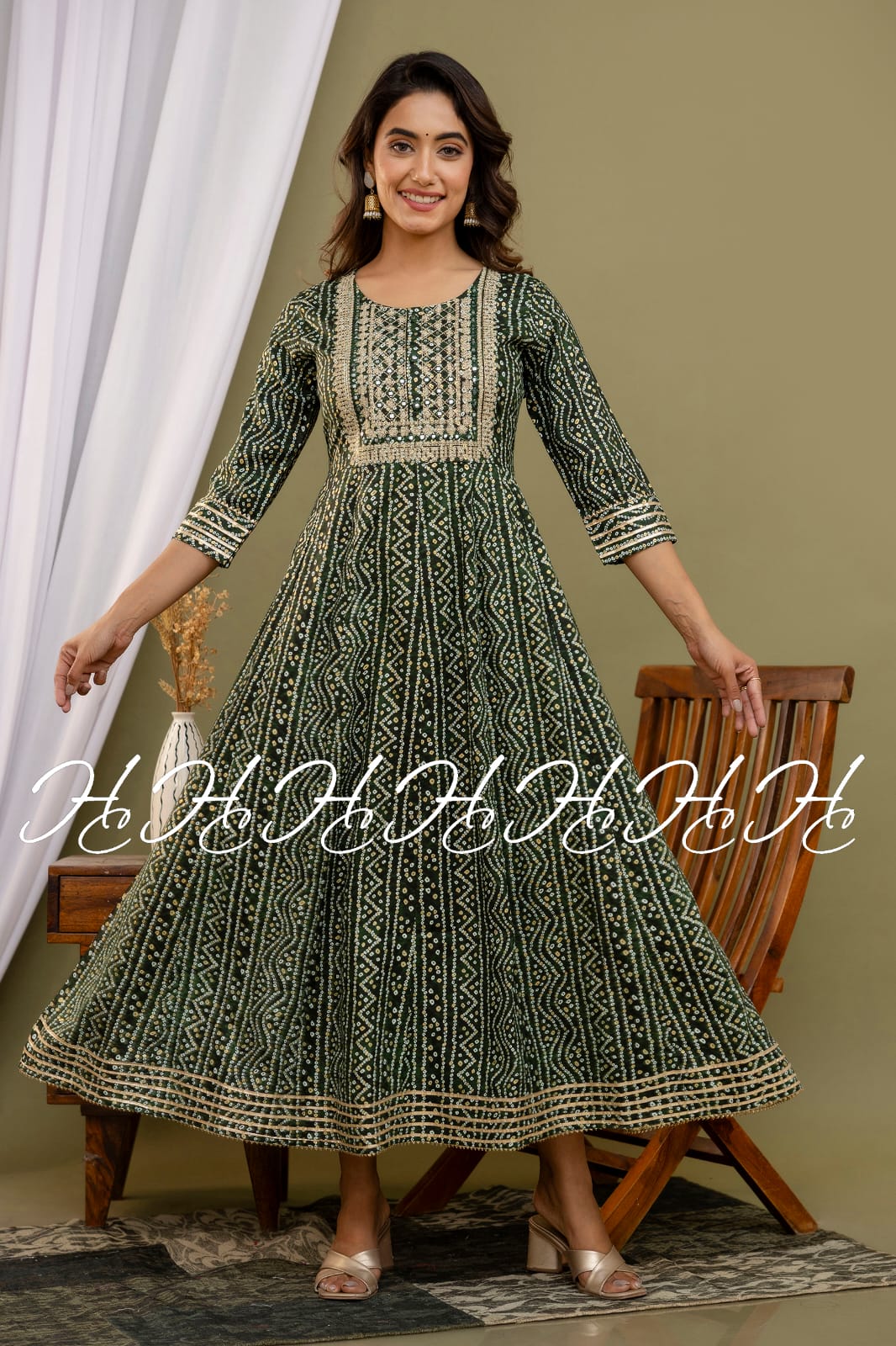 Hunter Green Chunri Printed Anarkali Kurti