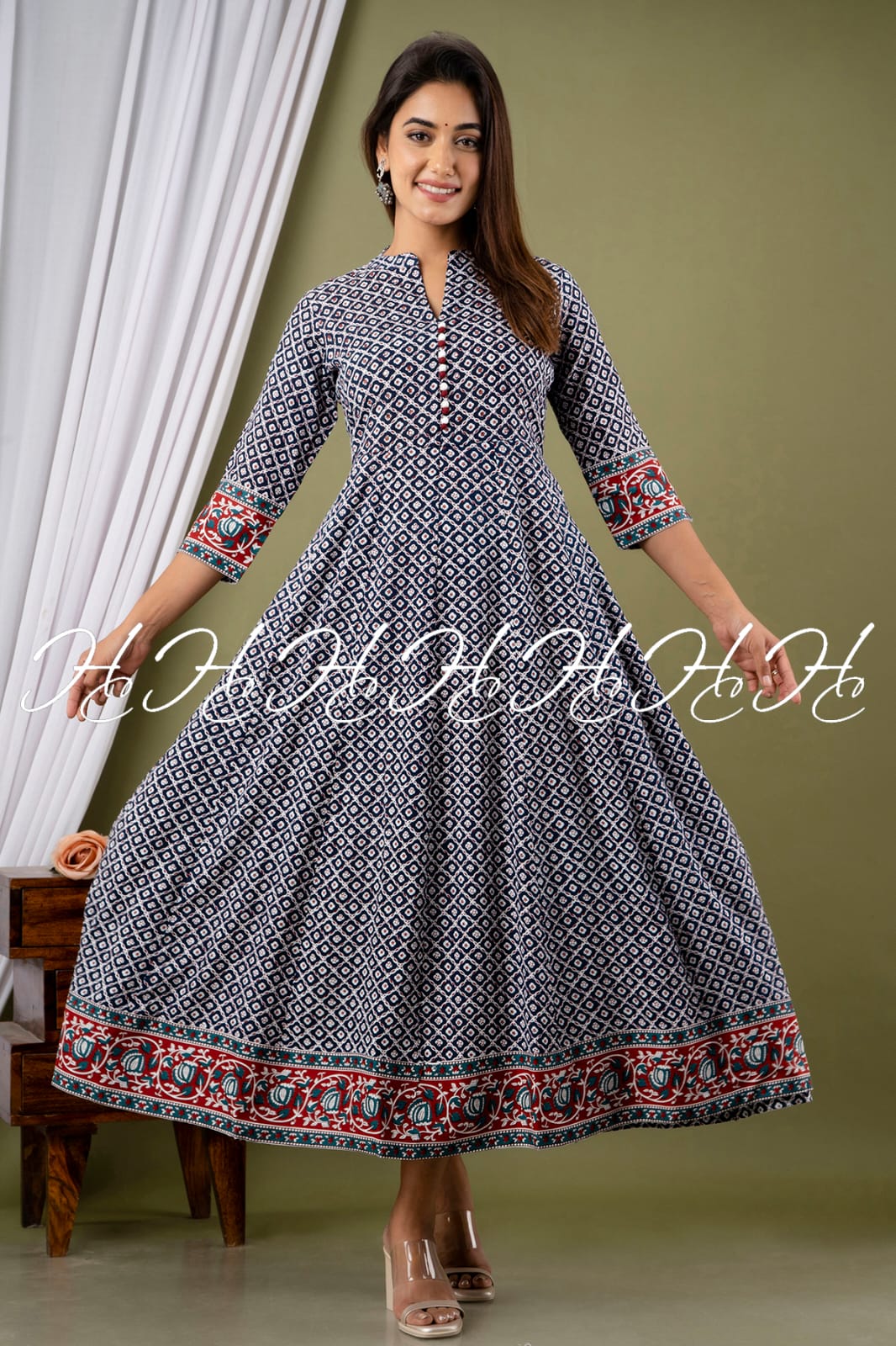 Space (Blue) Mandarin Collar Floral Printed Kurtis with Red Printed Border