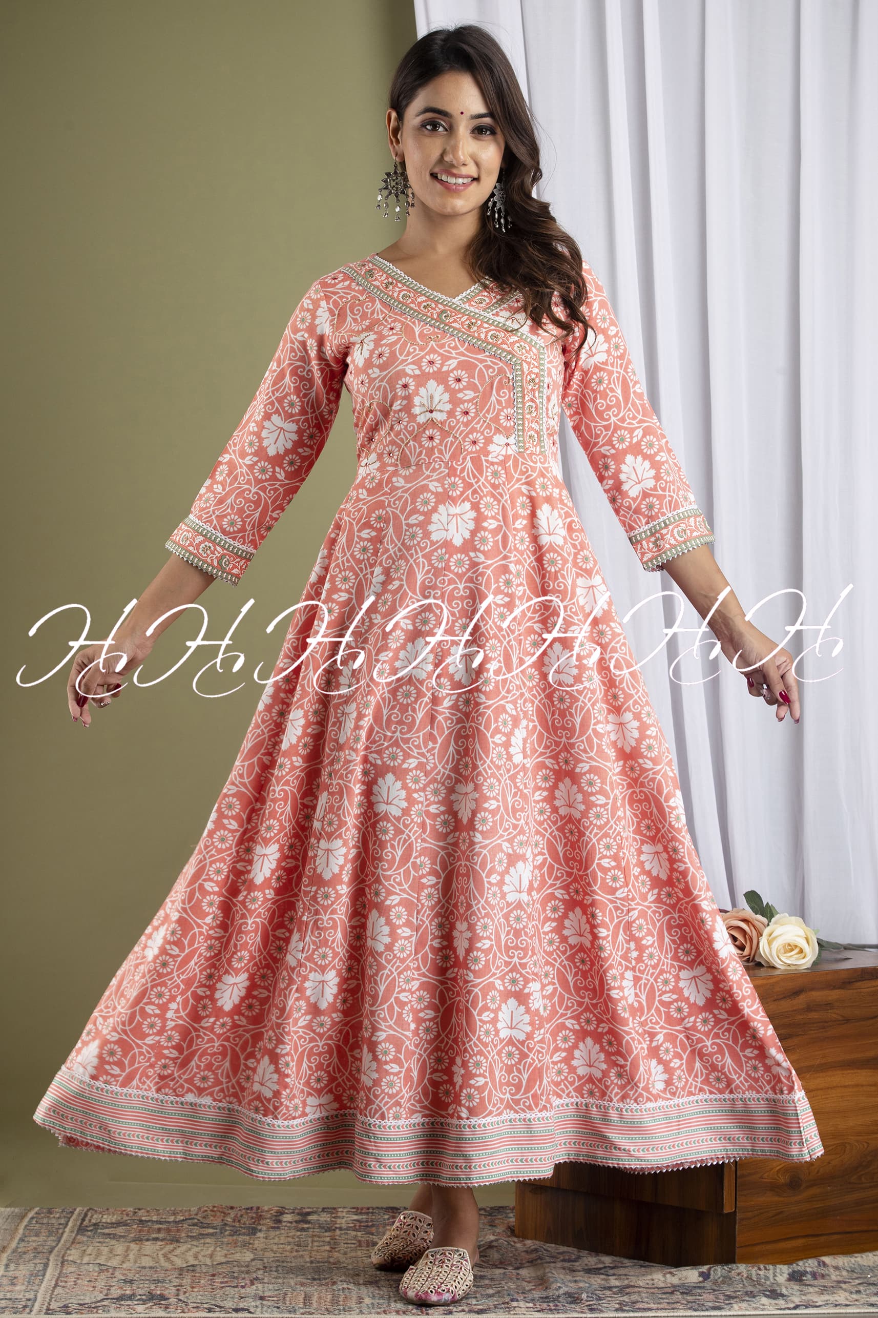 Salmon V-Neck Lace Printed Anarkali Kurti