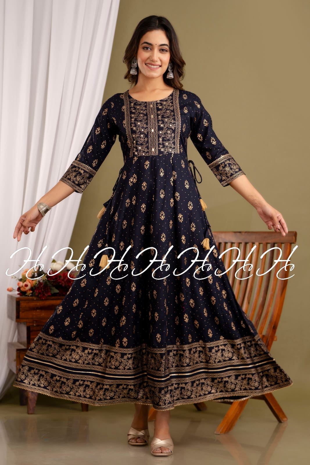 Dark Denim Rayon Handwork Anarkali Gown