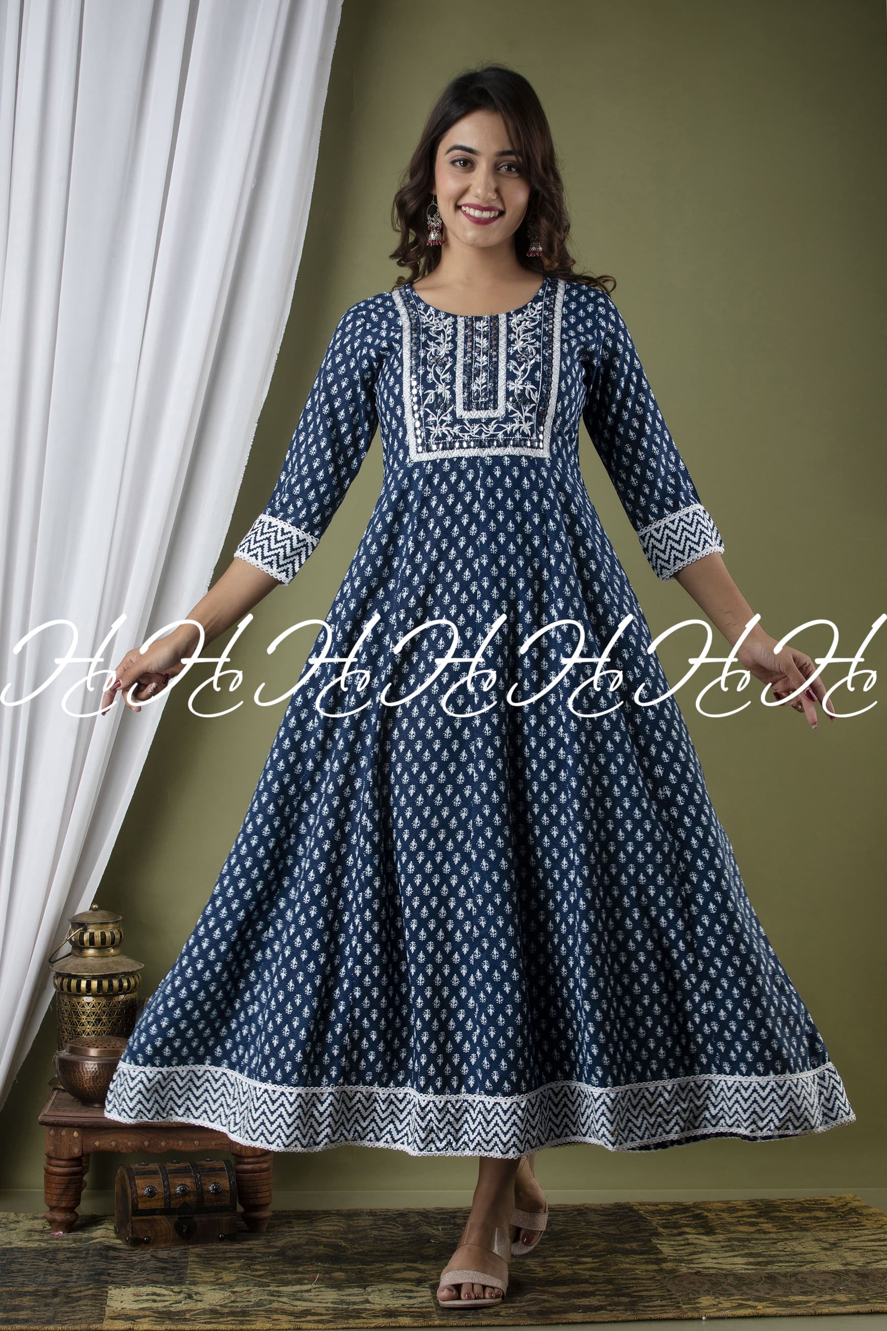 Navy Blue Mirror Work Kurti with Round Neck