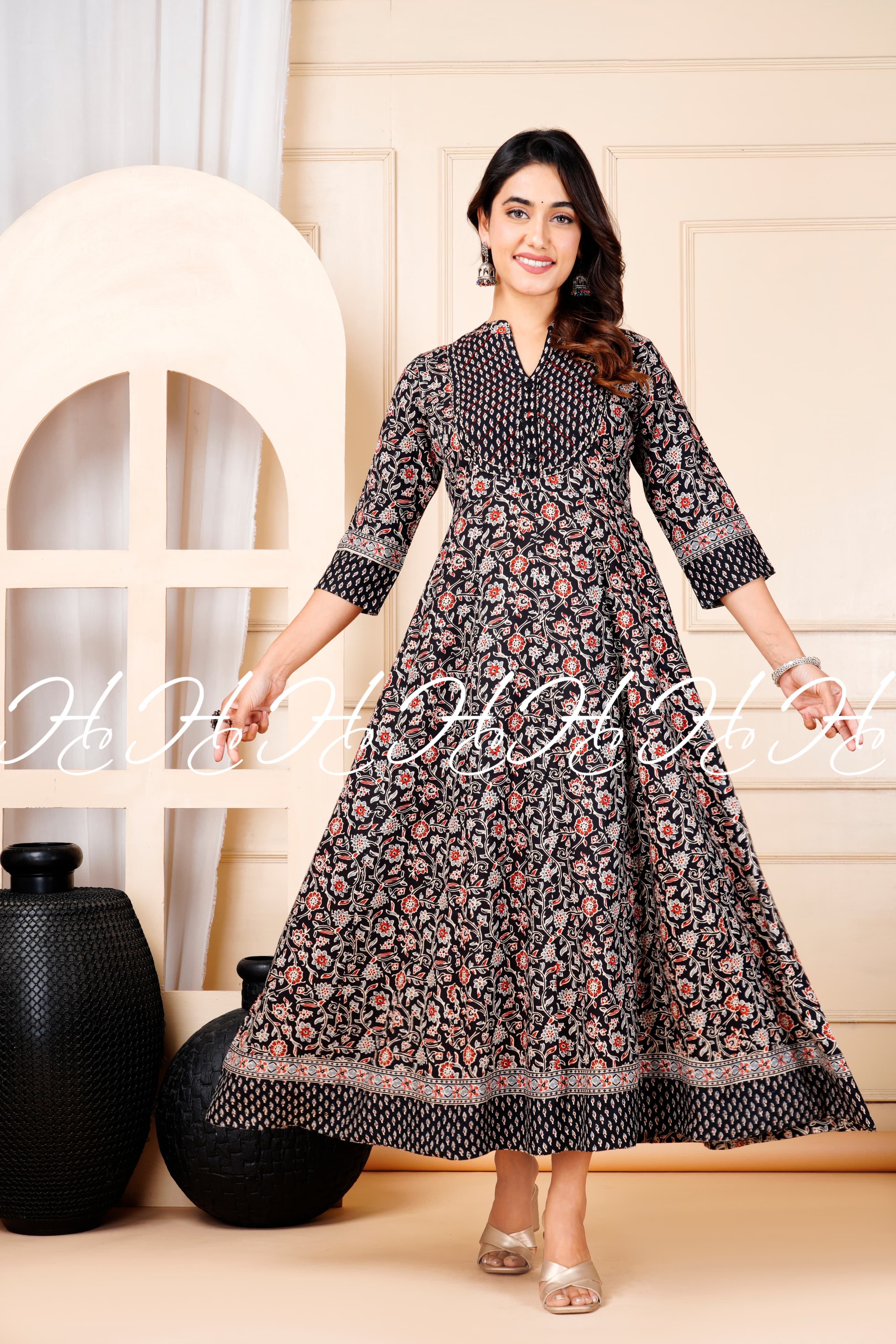 Charcoal Mandarin Collar Floral Printed Kurti with Lace Border at Bottom