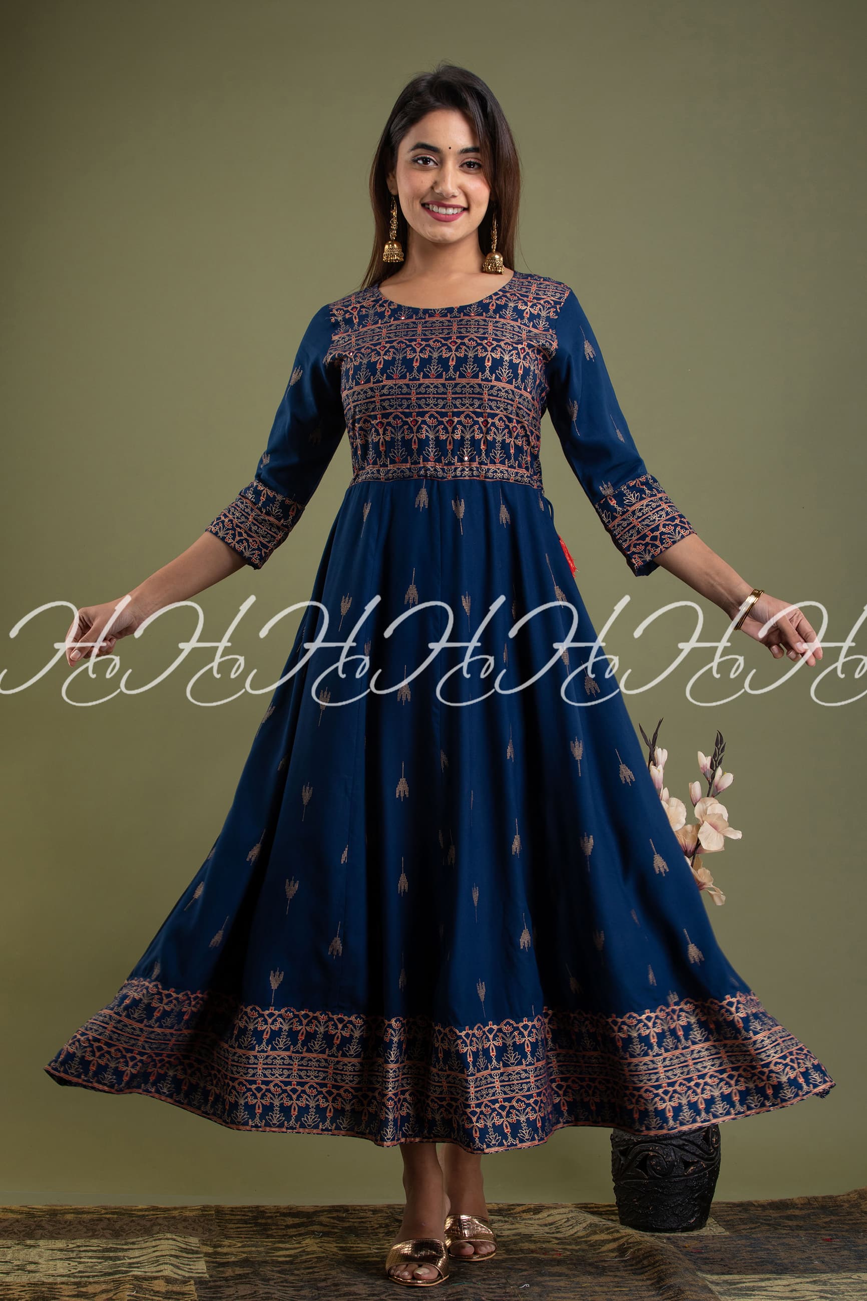 Navy Blue Jaipuri Anarkali Kurti with Round Neck