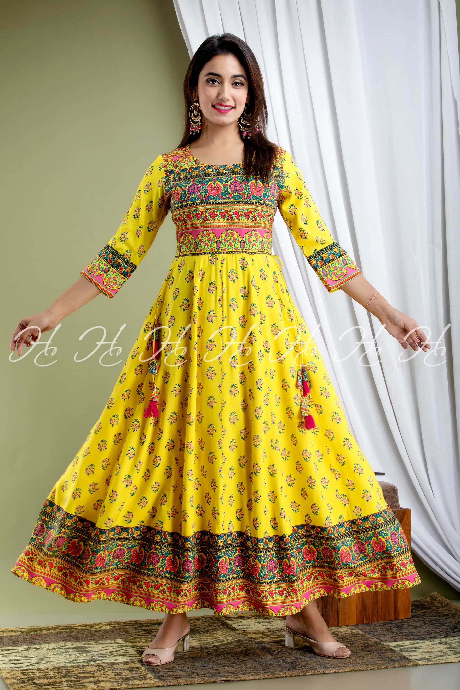 Yellow Floral Printed Long Kurti