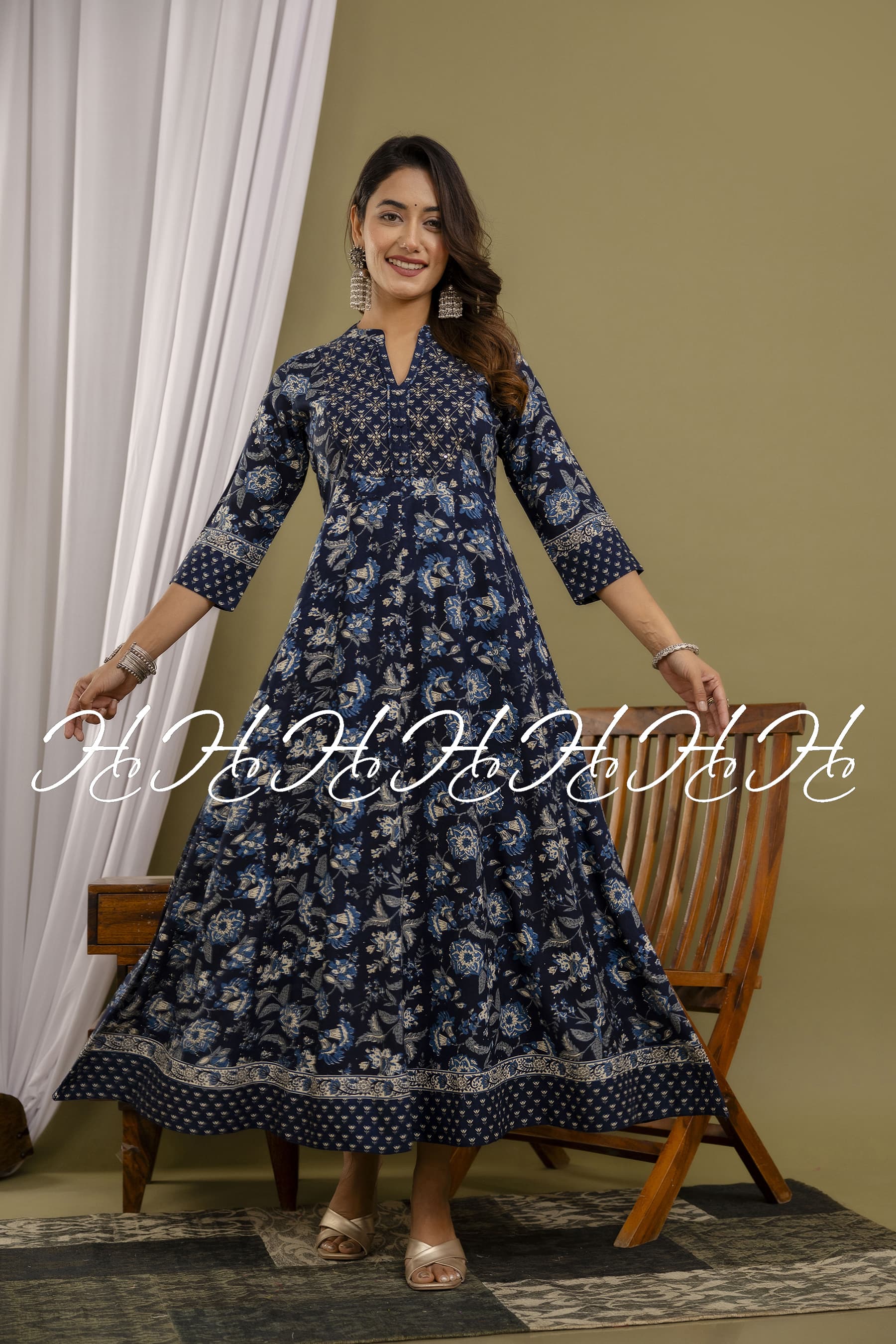 Denim Blue Mandarin Collar Kurti with Lace Border at Bottom