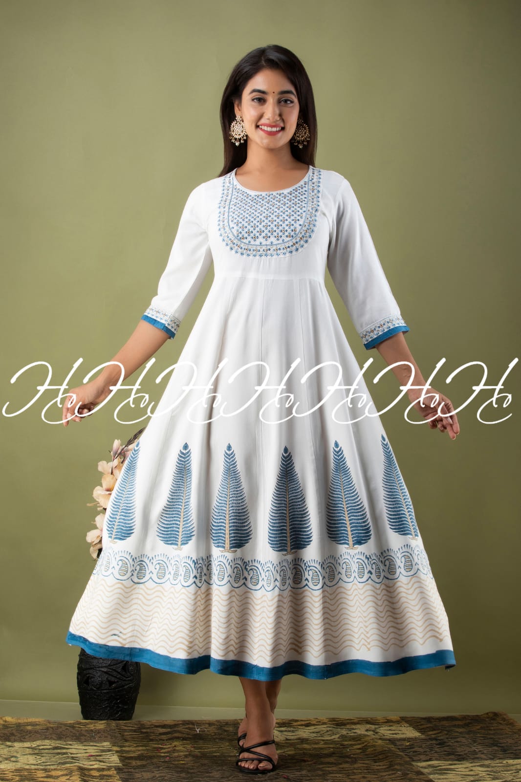 White Round Neck Kurti with Narrow Sky Blue Lace