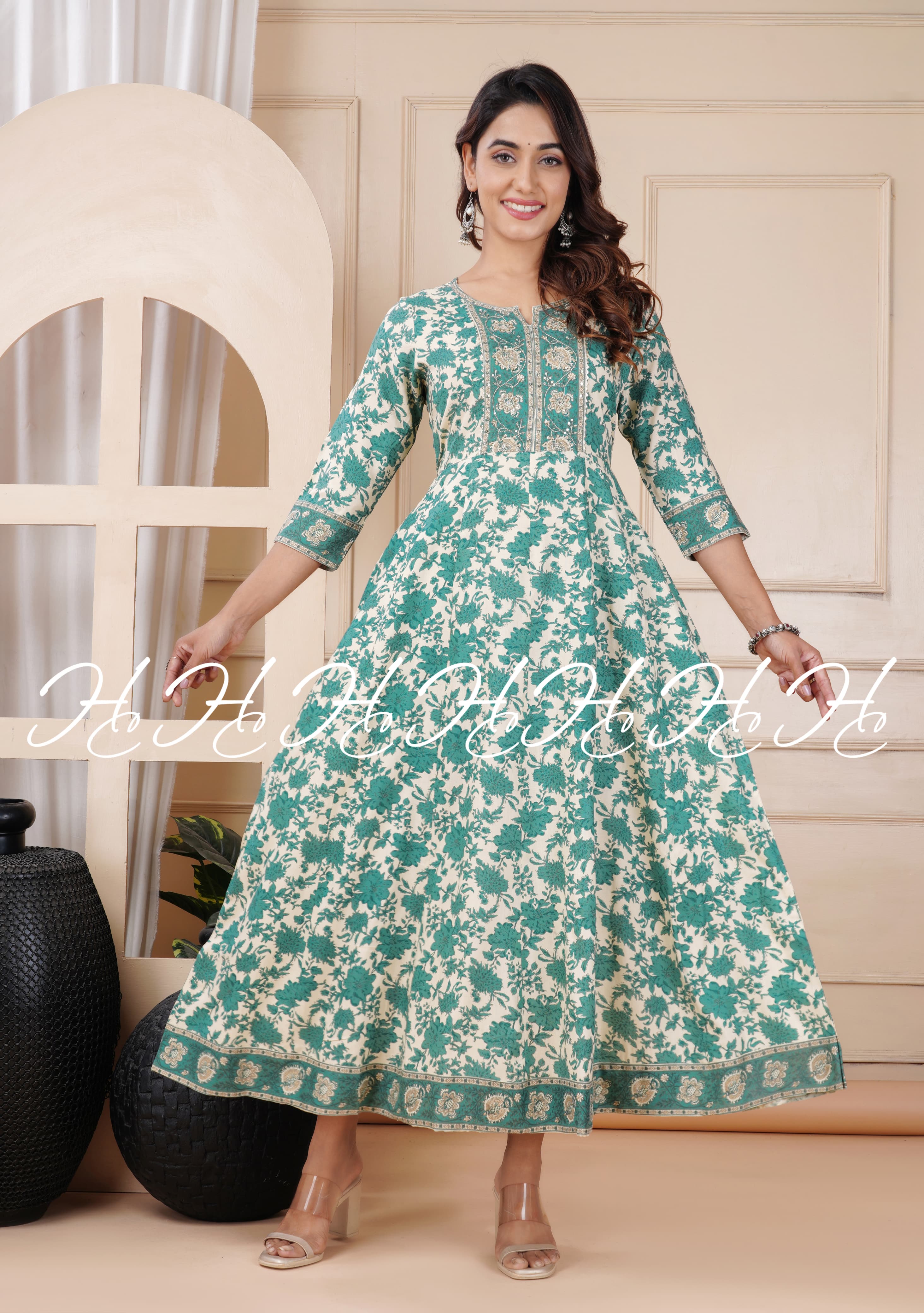 Pine Green Floral Printed Anarkali Kurtis