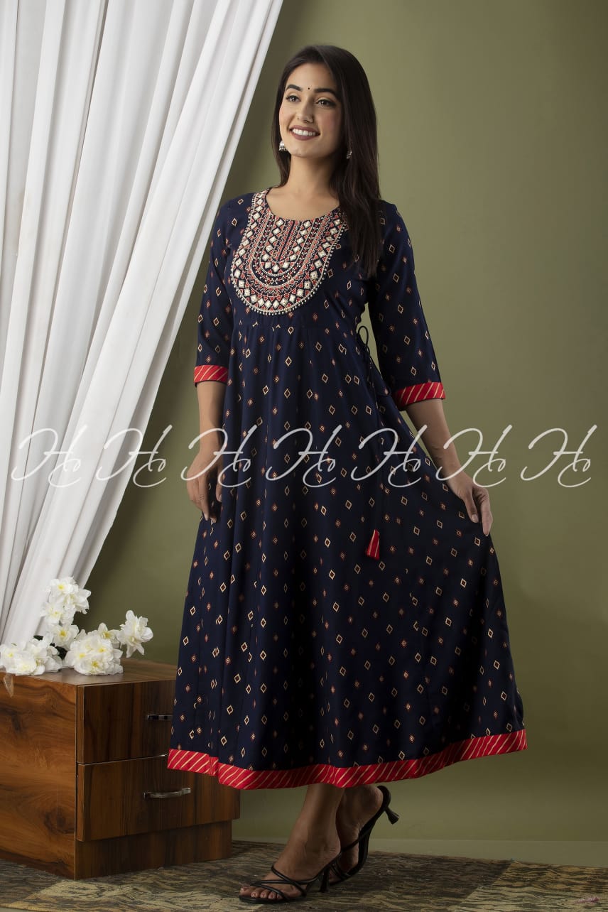 Navy Blue Side Knot Embroidered Kurti with Narrow Red Lace Border