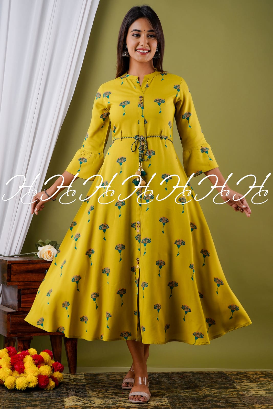 Yellow Office Wear Mandarin Collar Kurti