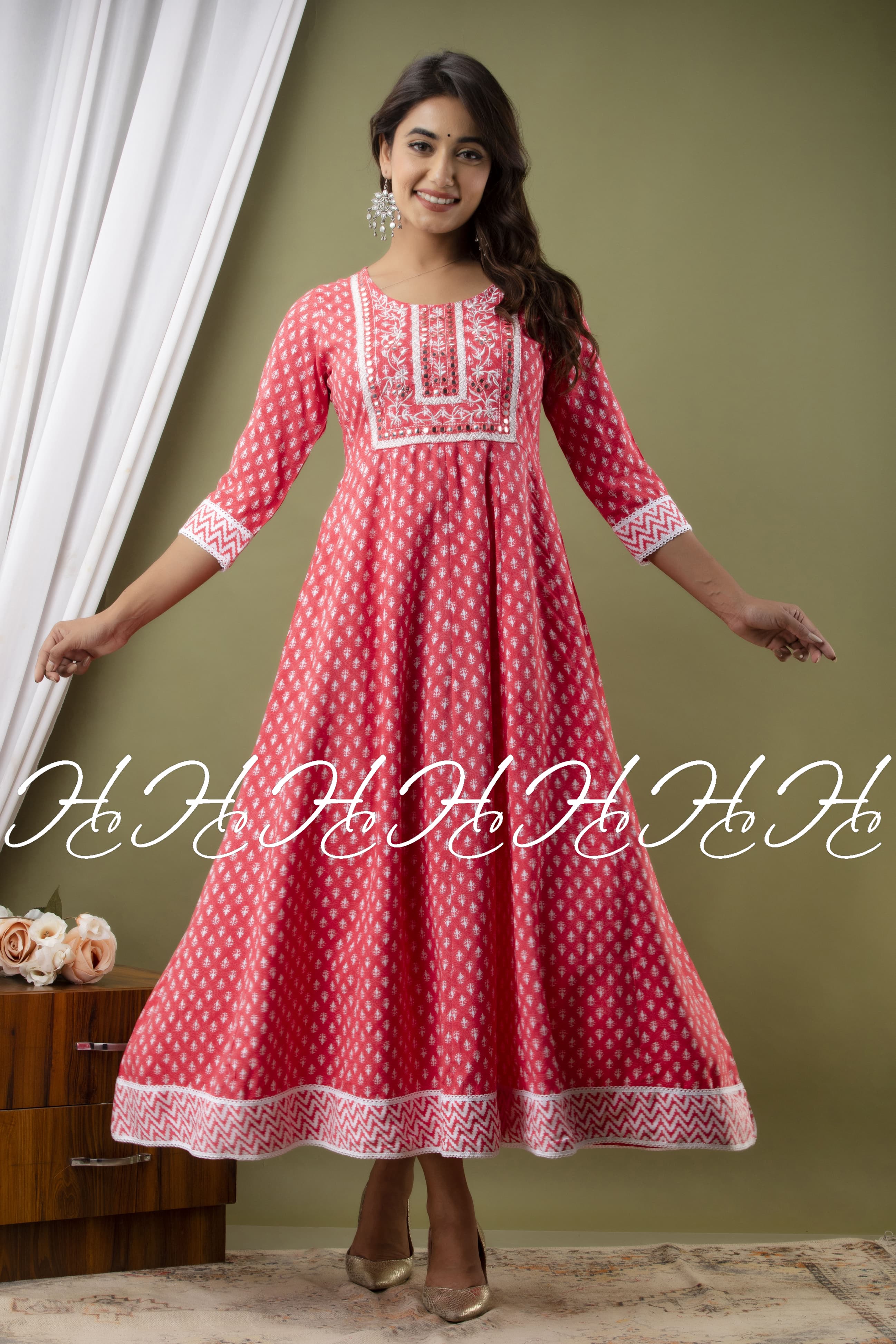 Raspberry Mirror Work Kurti with Round Neck