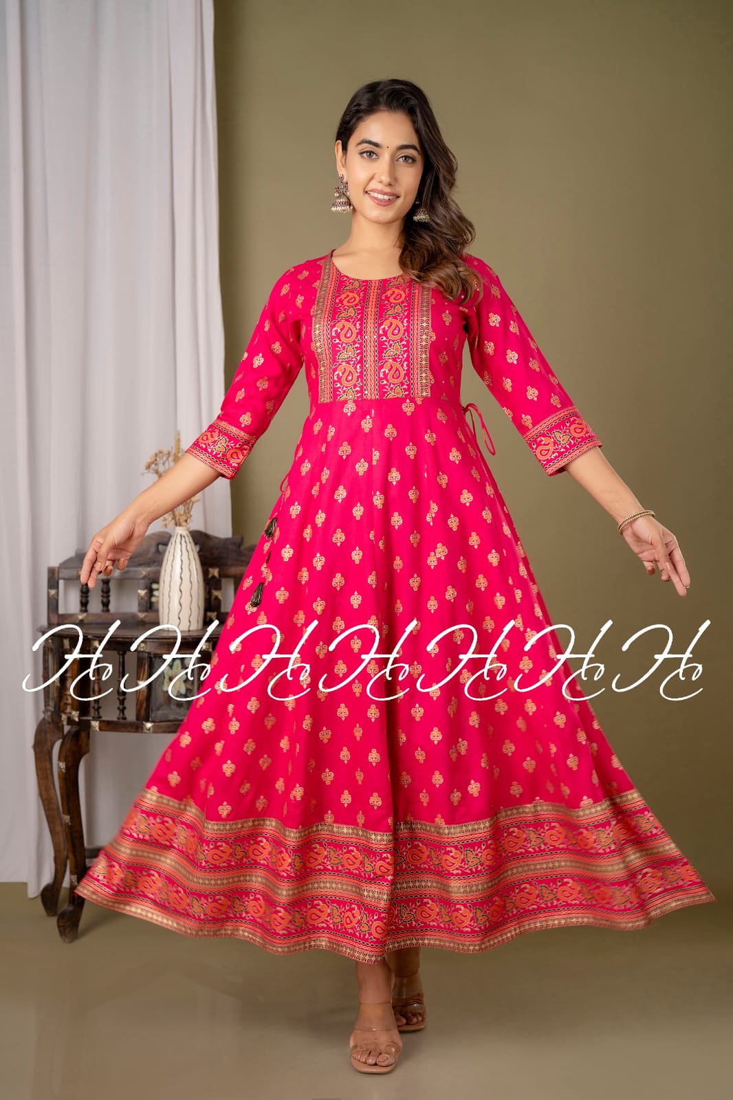 Ruby Pink Banarsi Printed Long Anarkali with Side Knot