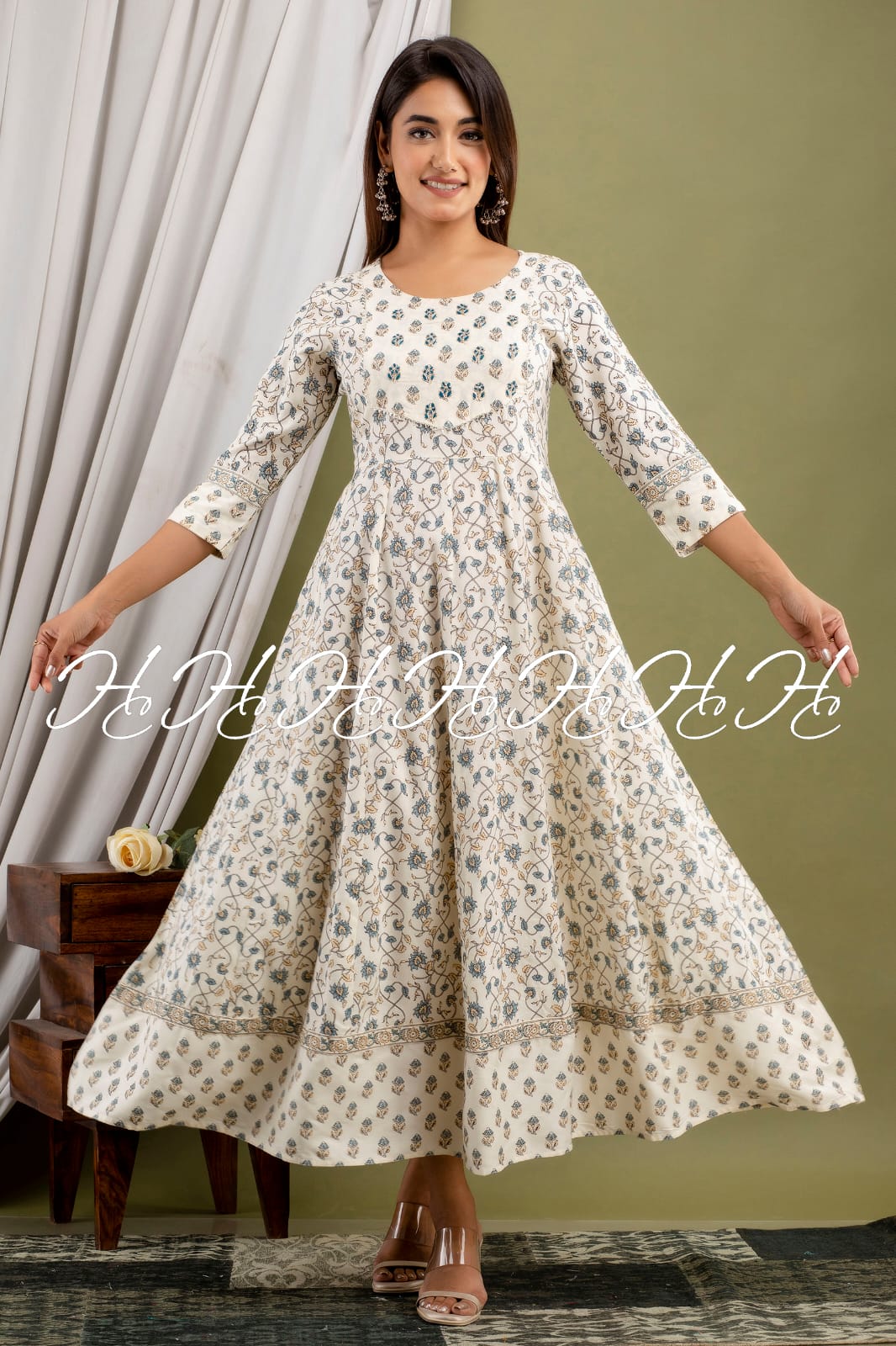 Light Blue Floral Printed Frock Style White Kurti