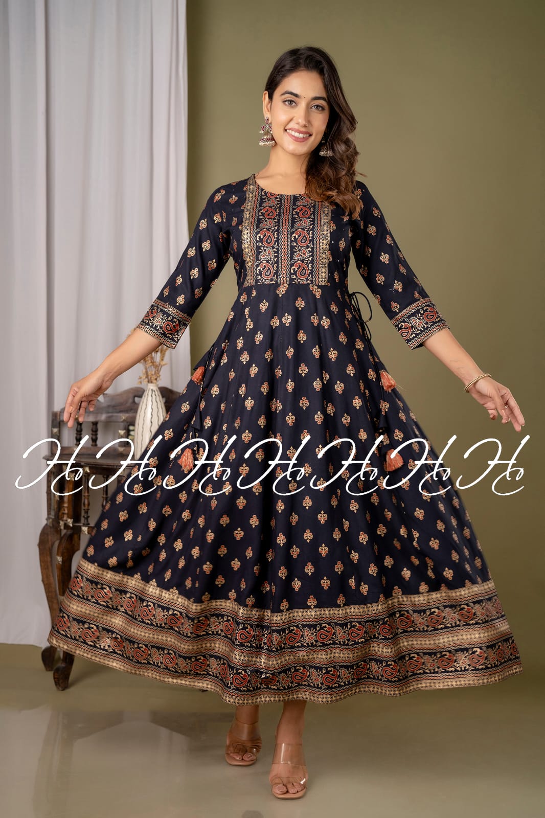 Navy Blue Banarsi Printed Long Anarkali with Side Knot