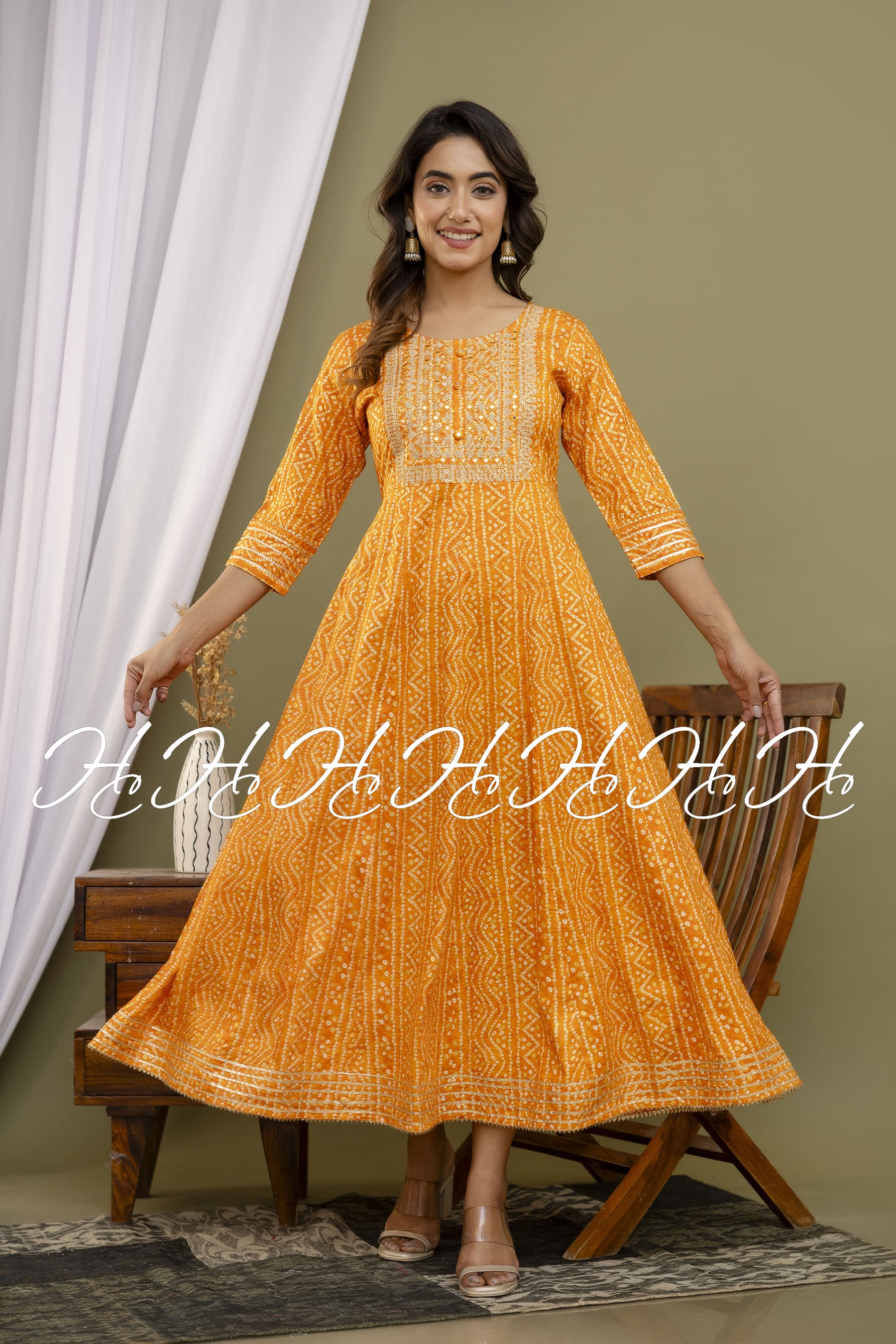 Honey Yellow Chunri Printed Anarkali Kurti