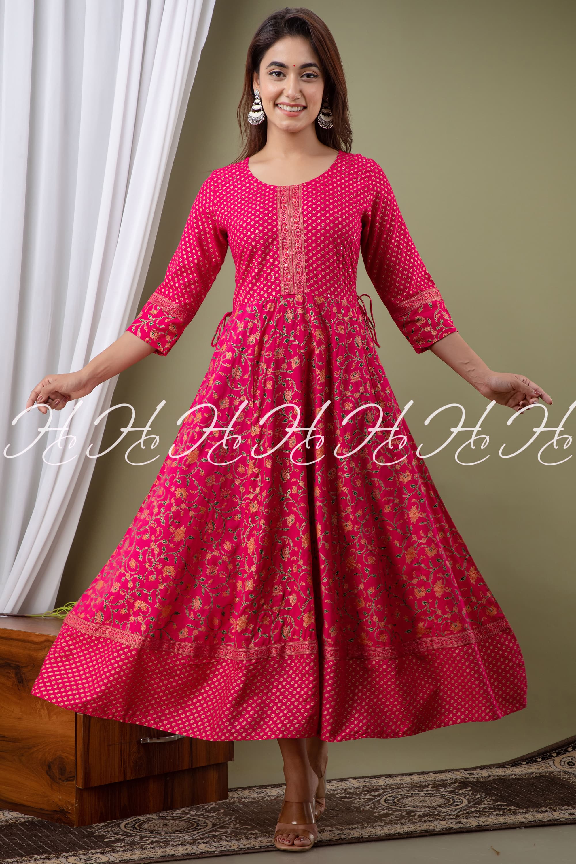 Magenta Floral Printed Anarkali Kurti with Wide Border