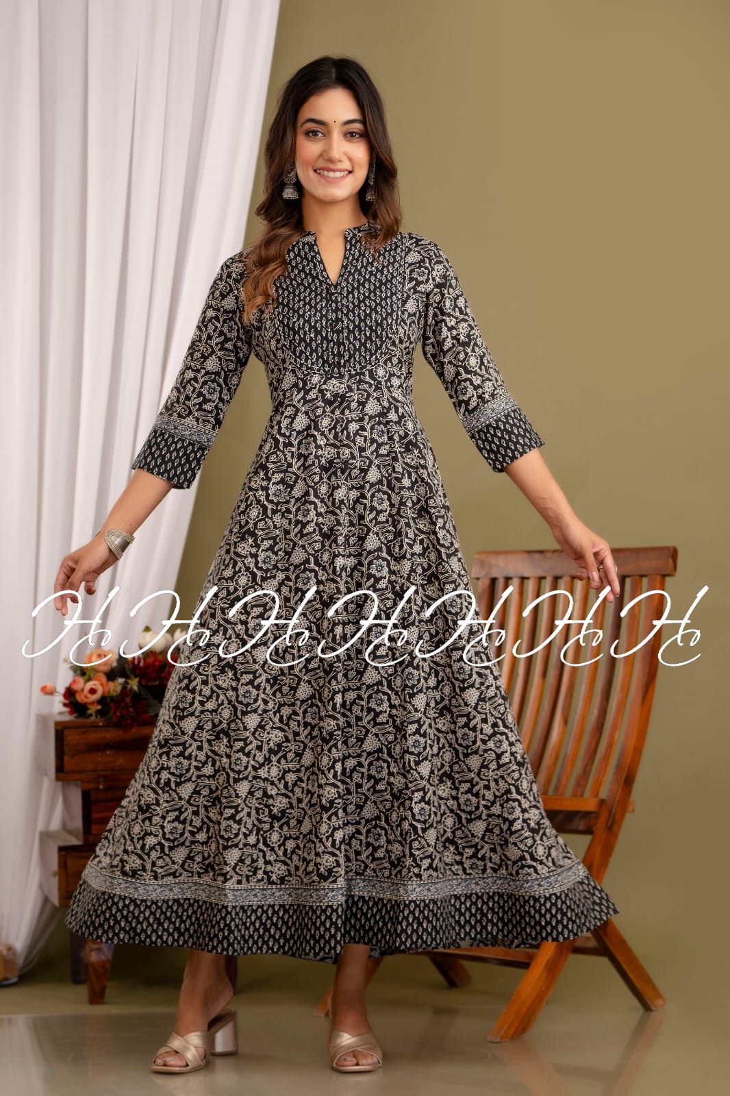 Space Blue Mandarin Collar Long Kurti with Lace Border at Bottom