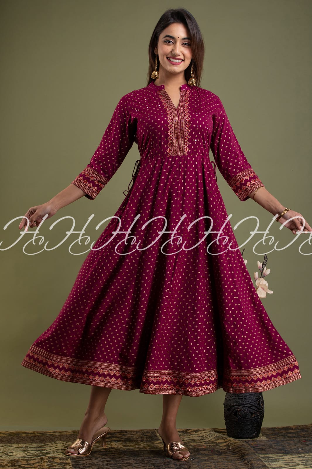 Burgundy(Pink) Printed Kurti with Mandarin Collar and Side Knot