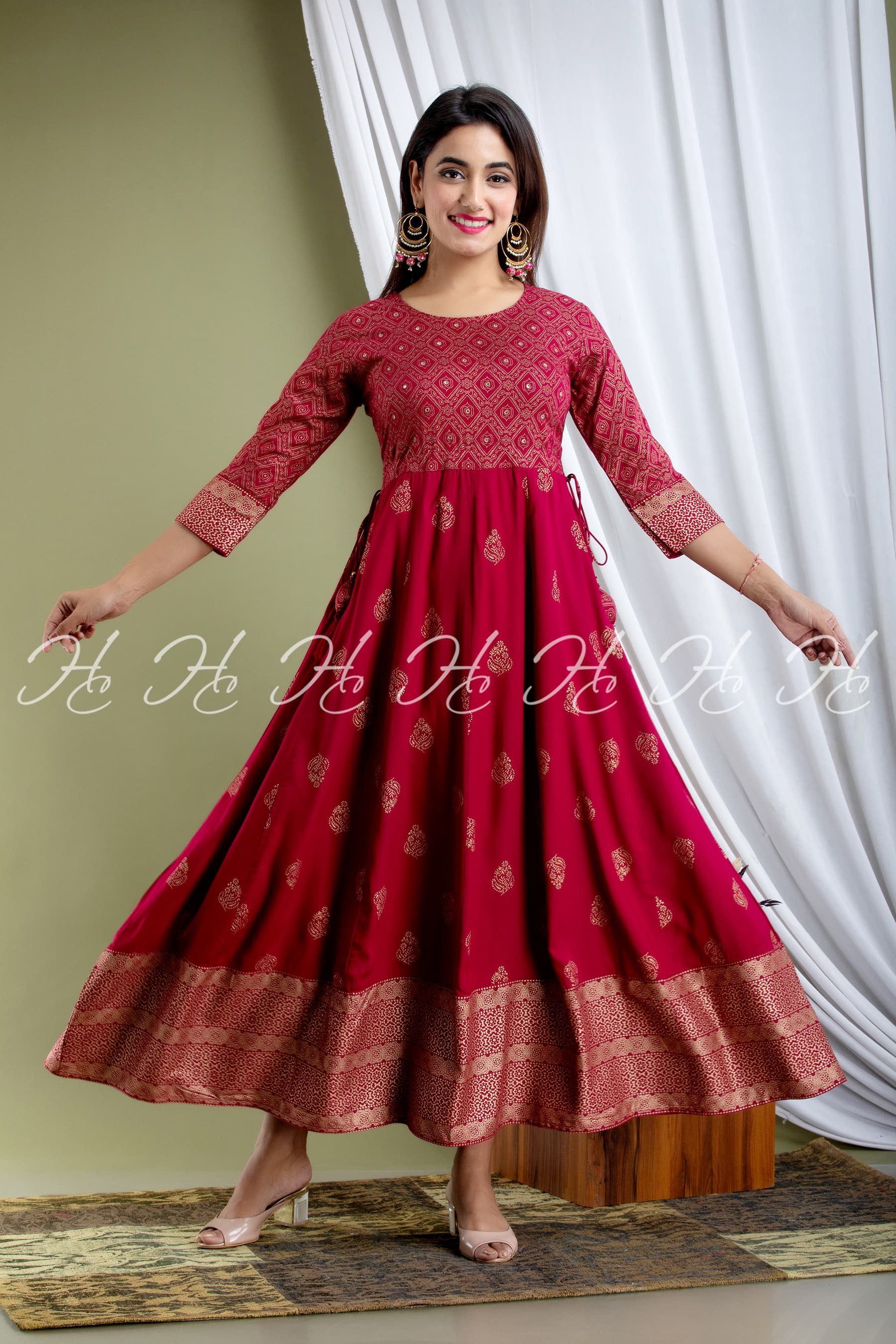 Carmine Red Banarsi Printed Anarkali with Side Knot Design, Wide Border, and Round Neck