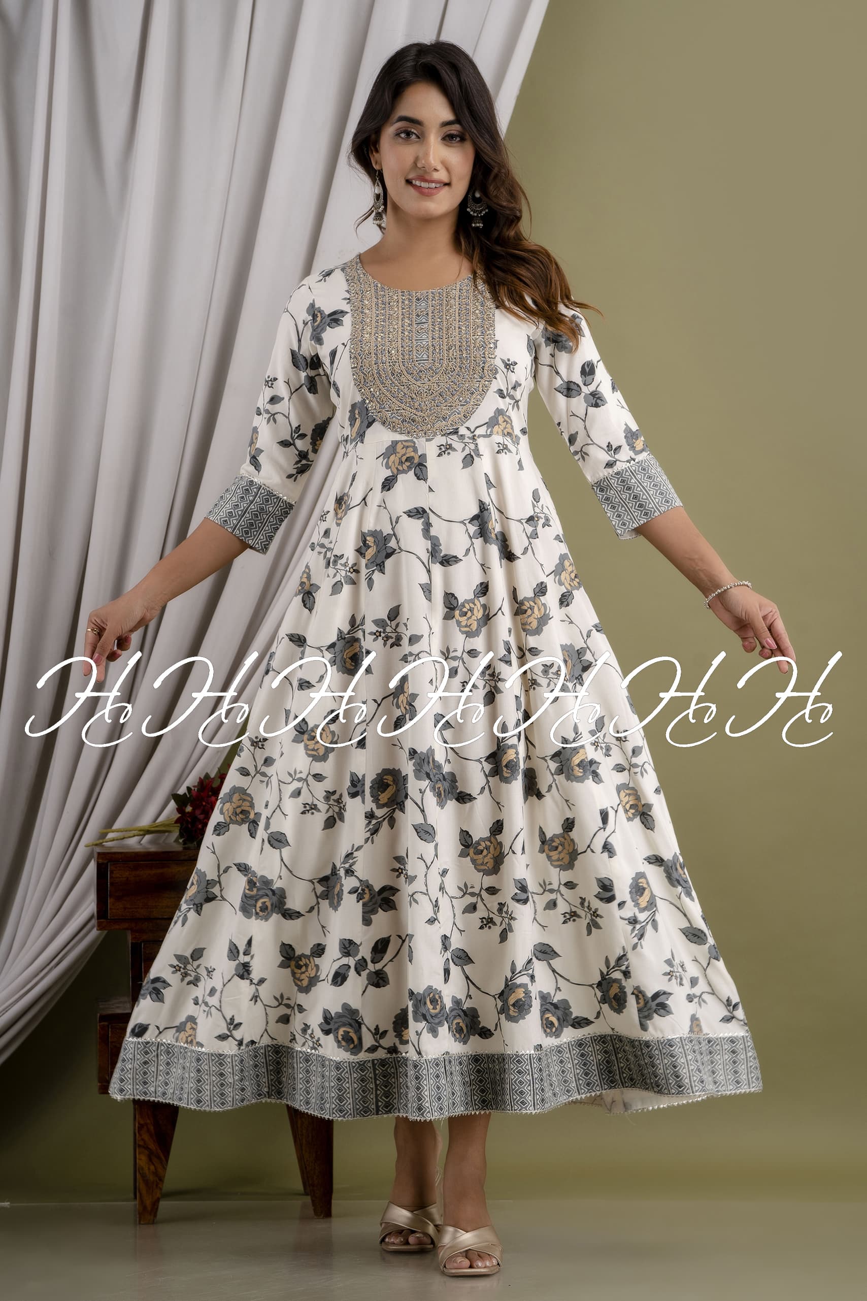 Anchor Floral Printed and Lace Cotton White Kurti