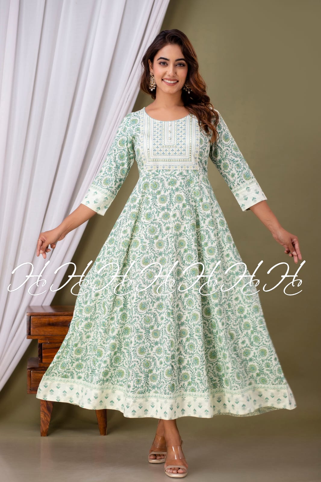 Sage Green Floral Printed Daily Wear Kurti