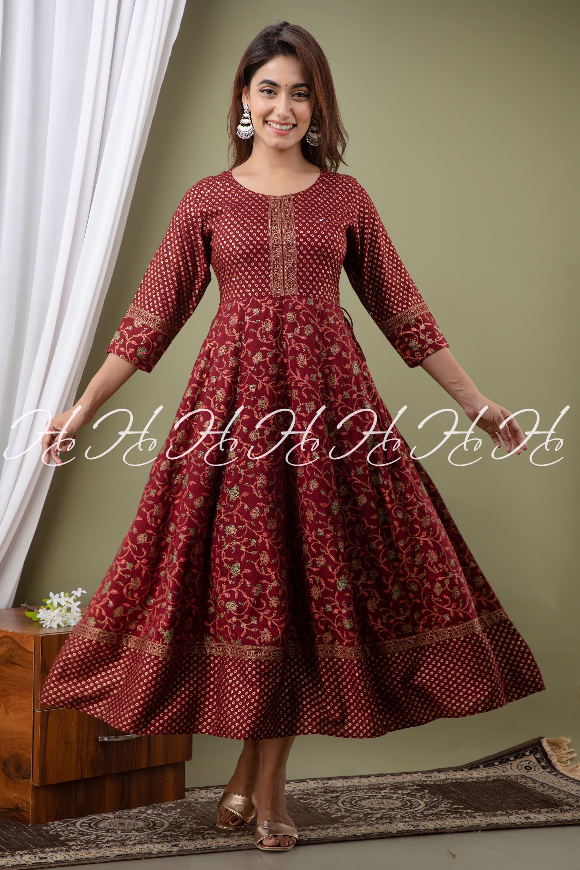 Maroon Floral Printed Anarkali Kurti with Wide Border.