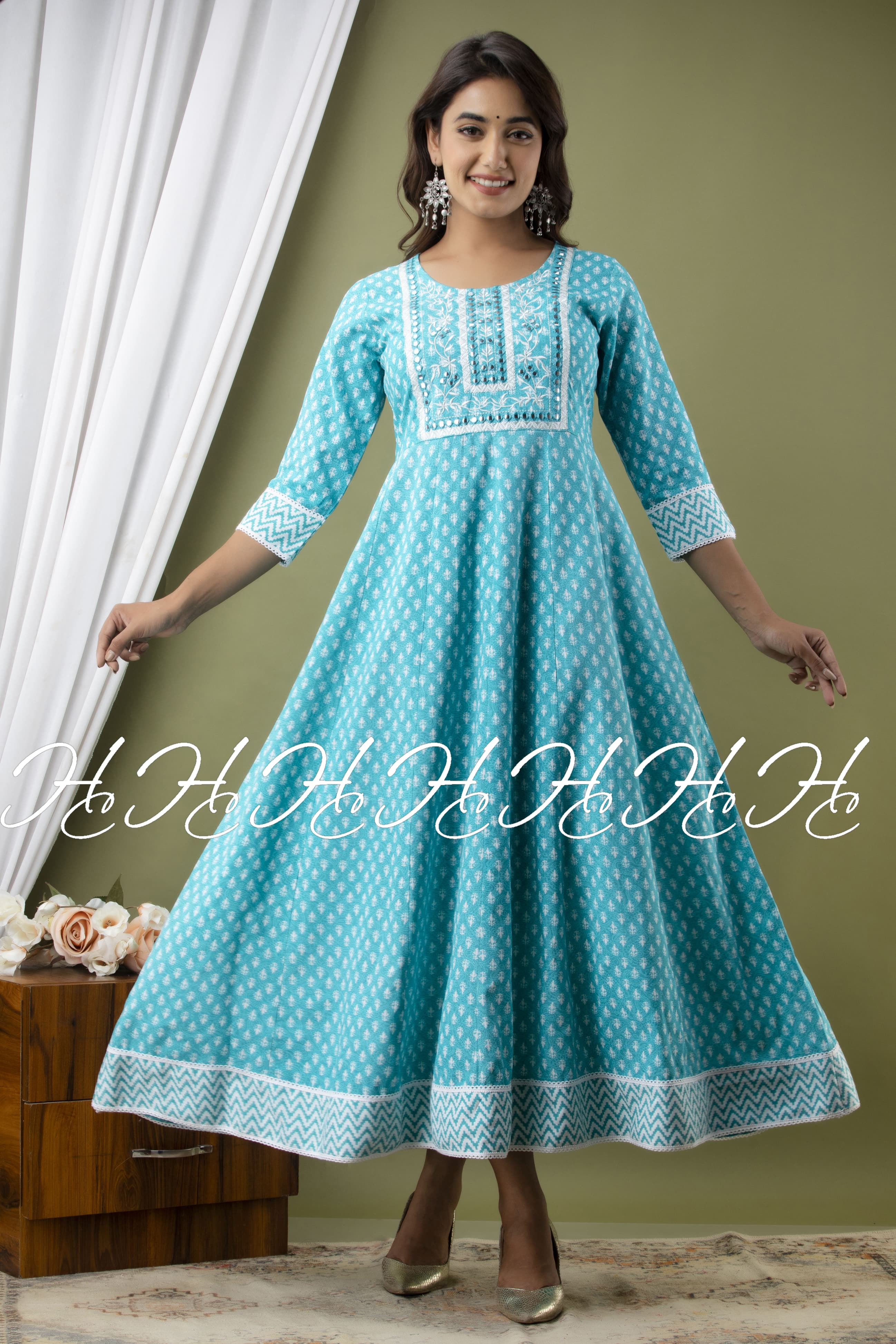 Sky Blue Mirror Work Kurti with Round Neck