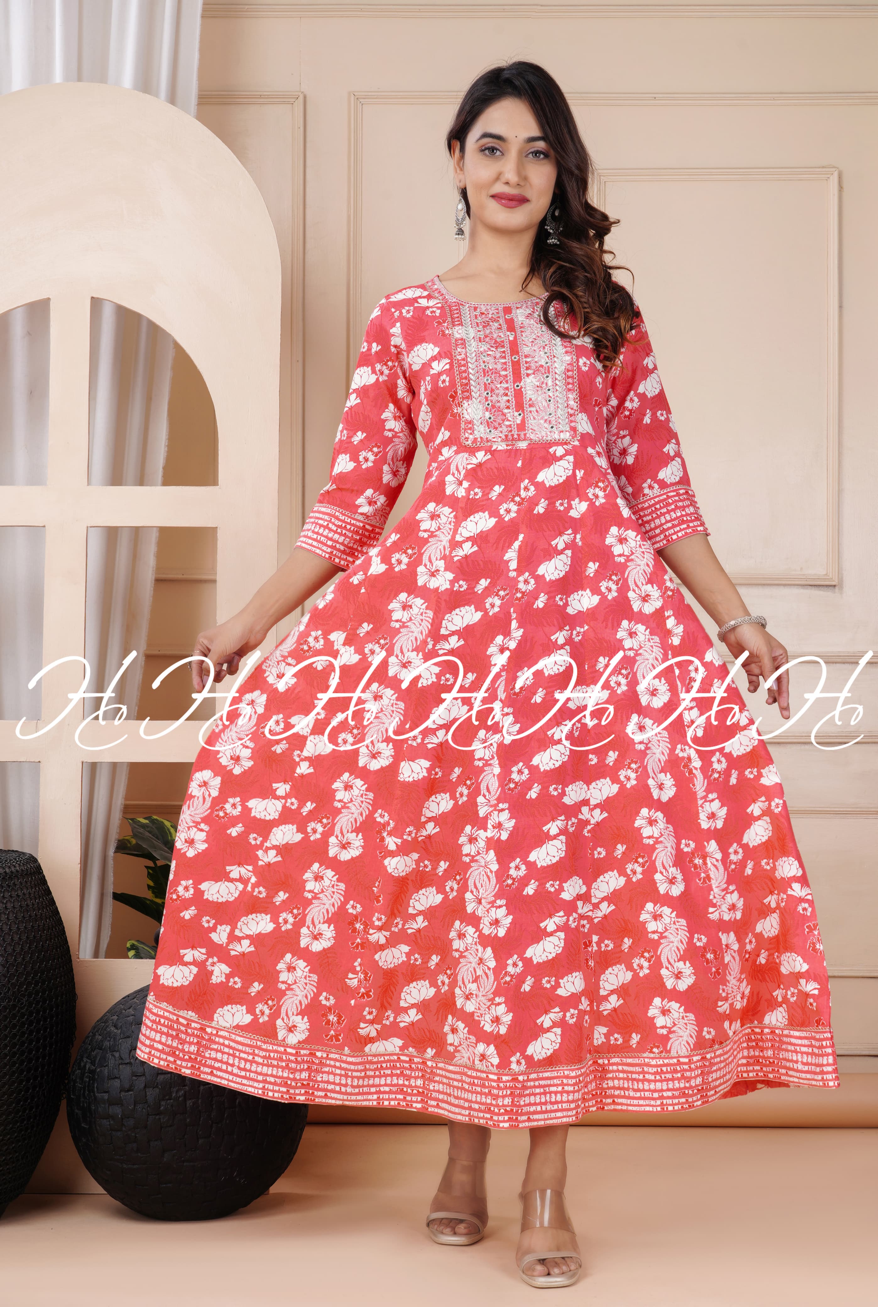 Persian (Red) Anarkali Kurtis with White Floral Print