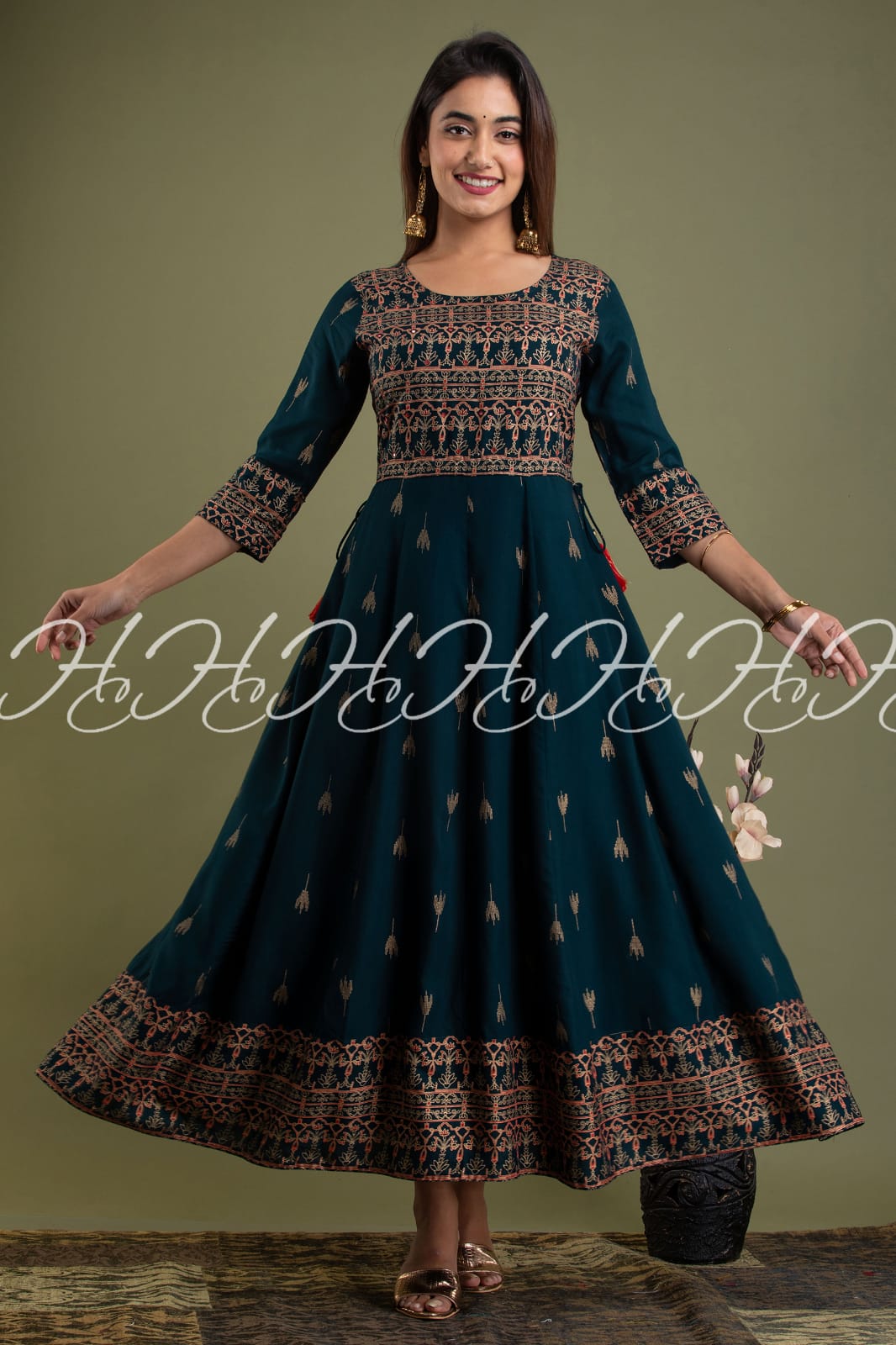 Prussian Blue Jaipuri Anarkali Kurti with Round Neck