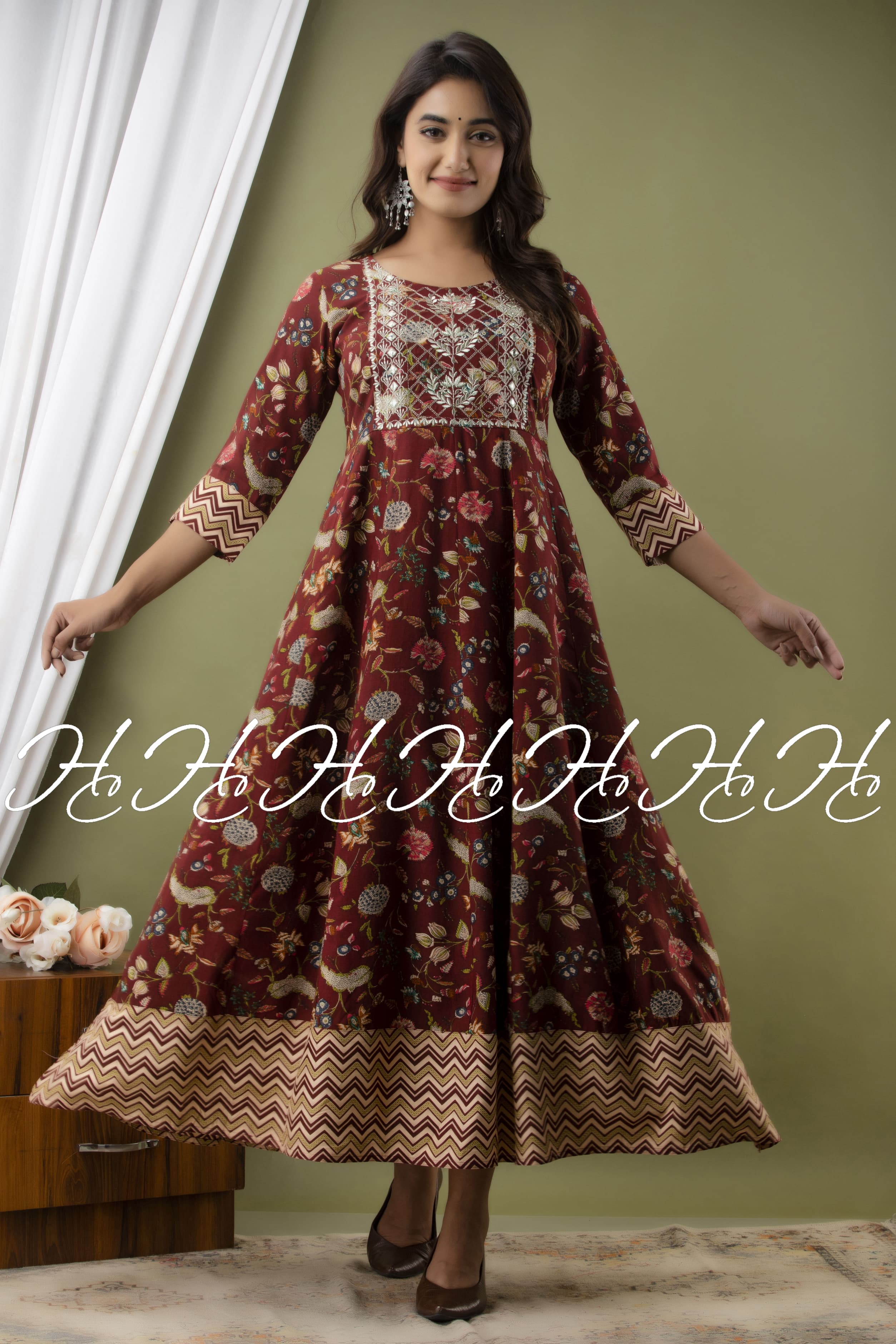 Maroon Floral Printed Anarkali with Wide Border