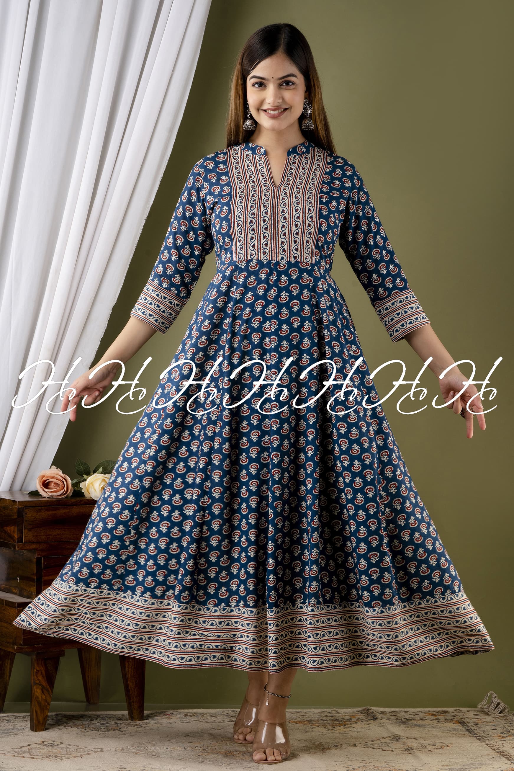 Navy Blue Mandarin Collar Kurti with Wide Border at Bottom