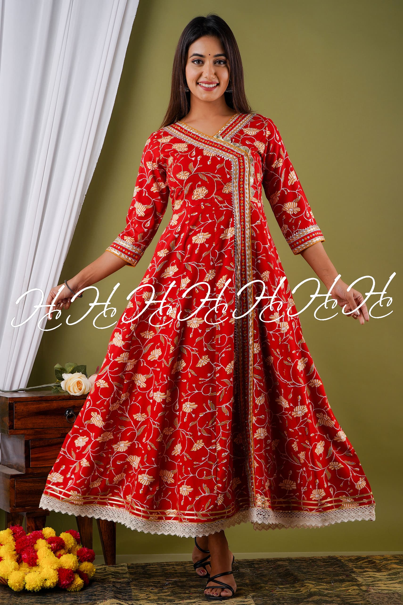 Red V-Neck Lace Printed Anarkali Kurti