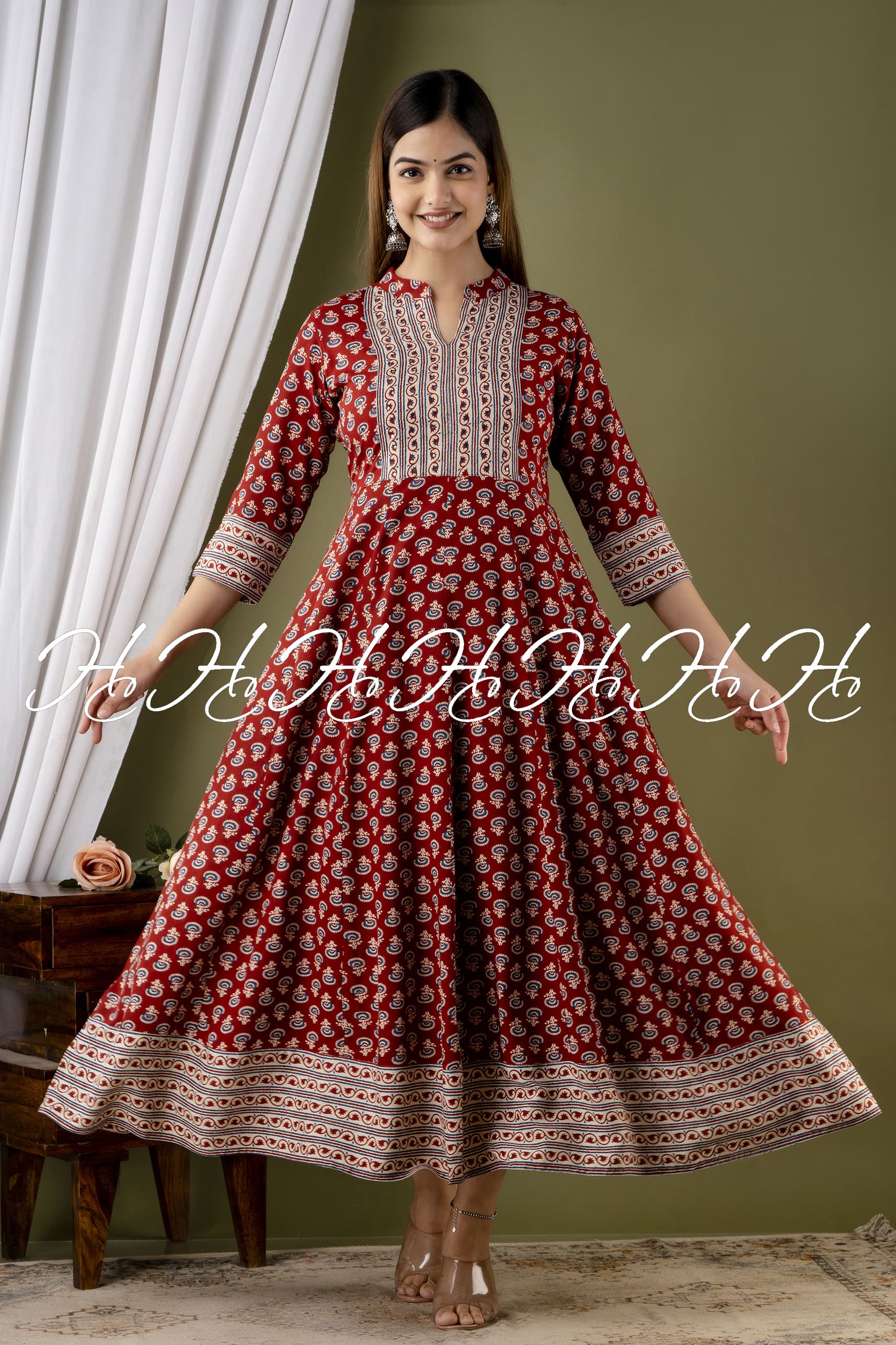 Maroon Mandarin Collar Kurti with Wide Border at Bottom