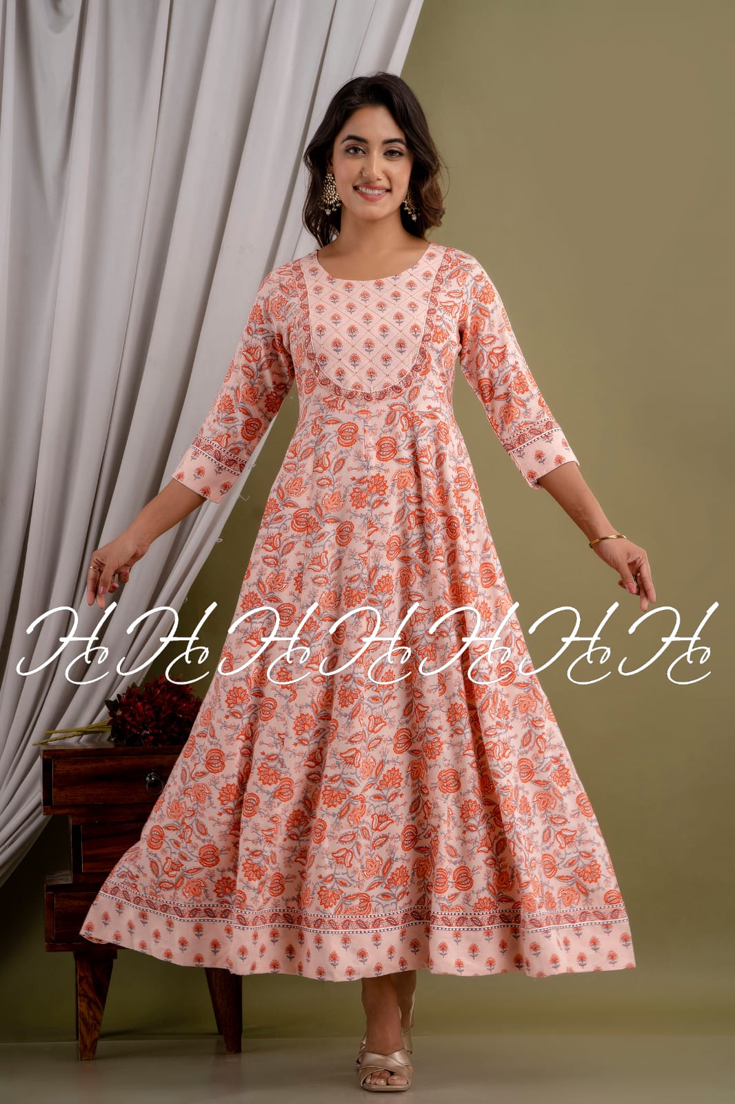 Salmon Bloom Floral Printed Daily Wear Kurti