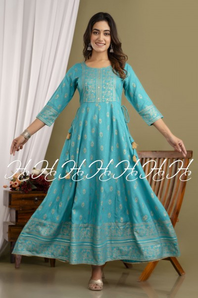Carolina Blue Rayon Handwork Printed Anarkali Gown