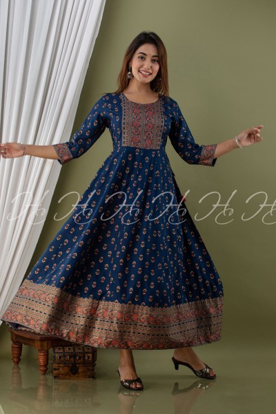 Egyptian Blue Banarsi Printed Party Wear Anarkali with Wide Border and Round Neck