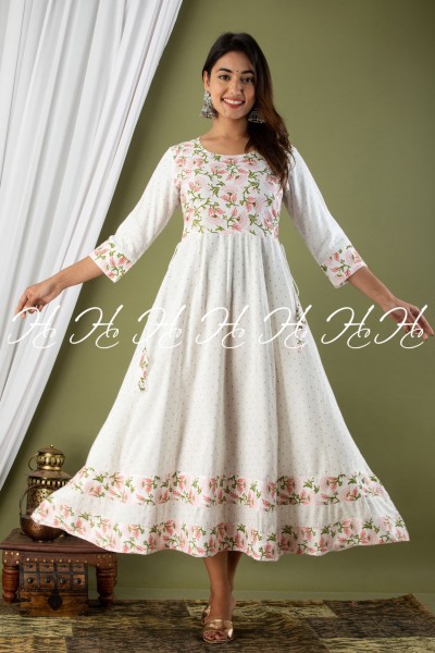 White Floral Printed Kurti with Round Neck