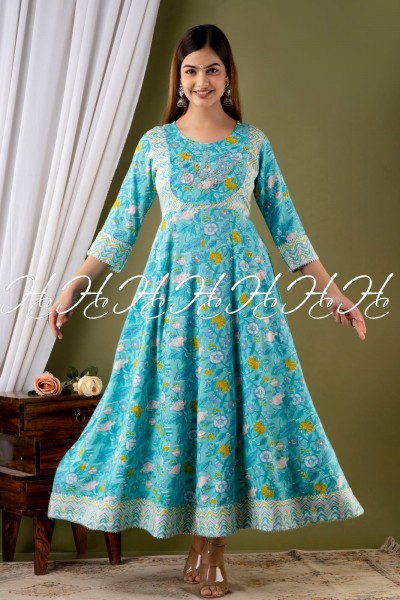 Sky Blue Floral Printed Kurti with Round Neck and Laces